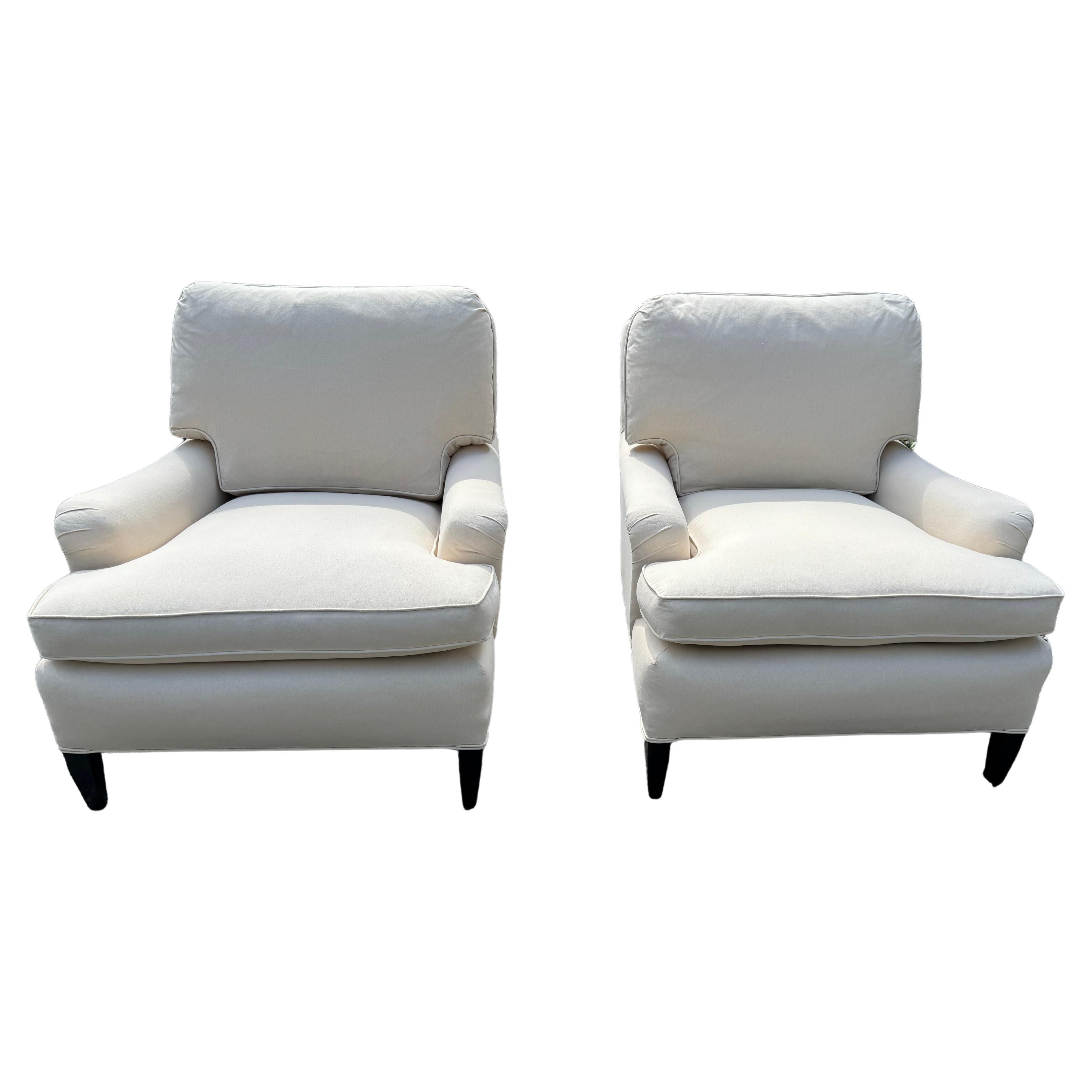 Classic Pair of Newly Upholstered Off White Duck Club Chairs For Sale