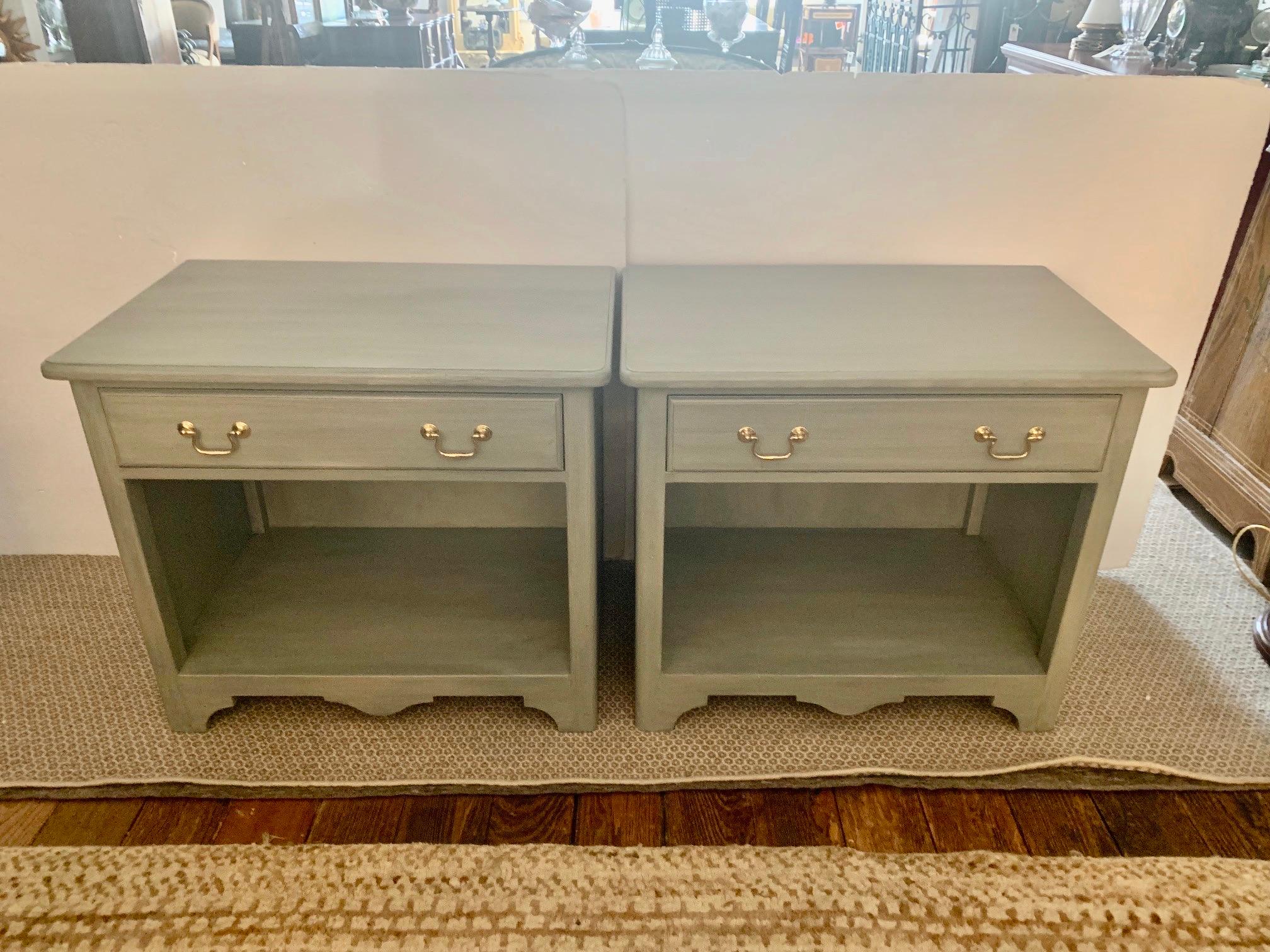 Classic Pair of Painted Pine Green Blue Night Stands For Sale 6