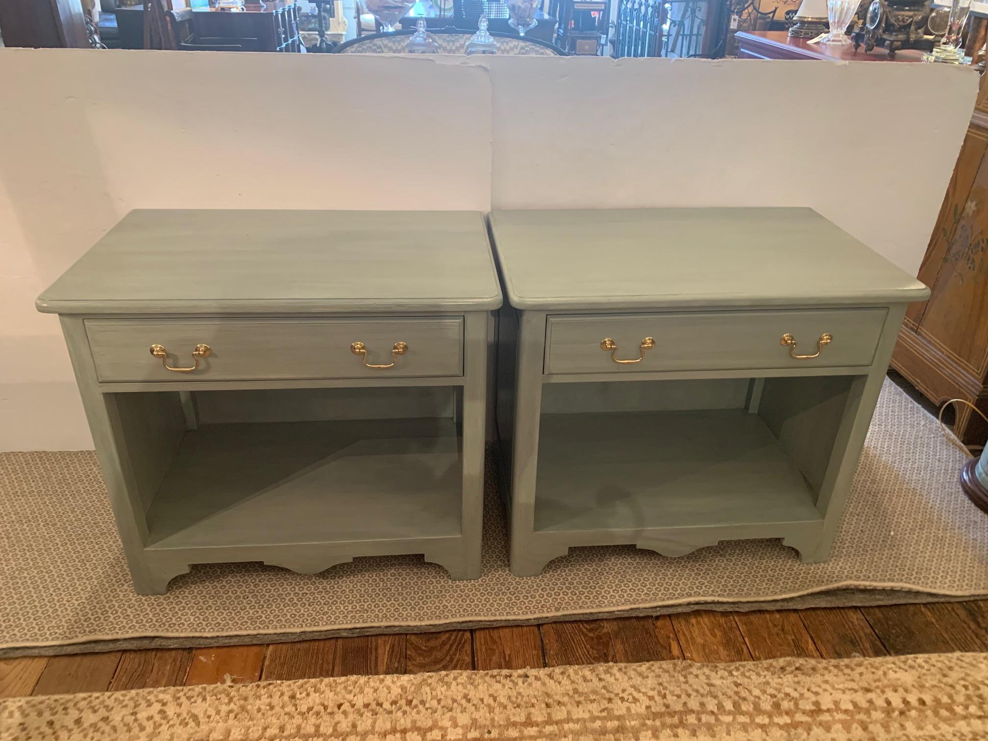 Pair of late 20th century Classic style bedside tables night stands updated and painted in Farrow & Ball's 
