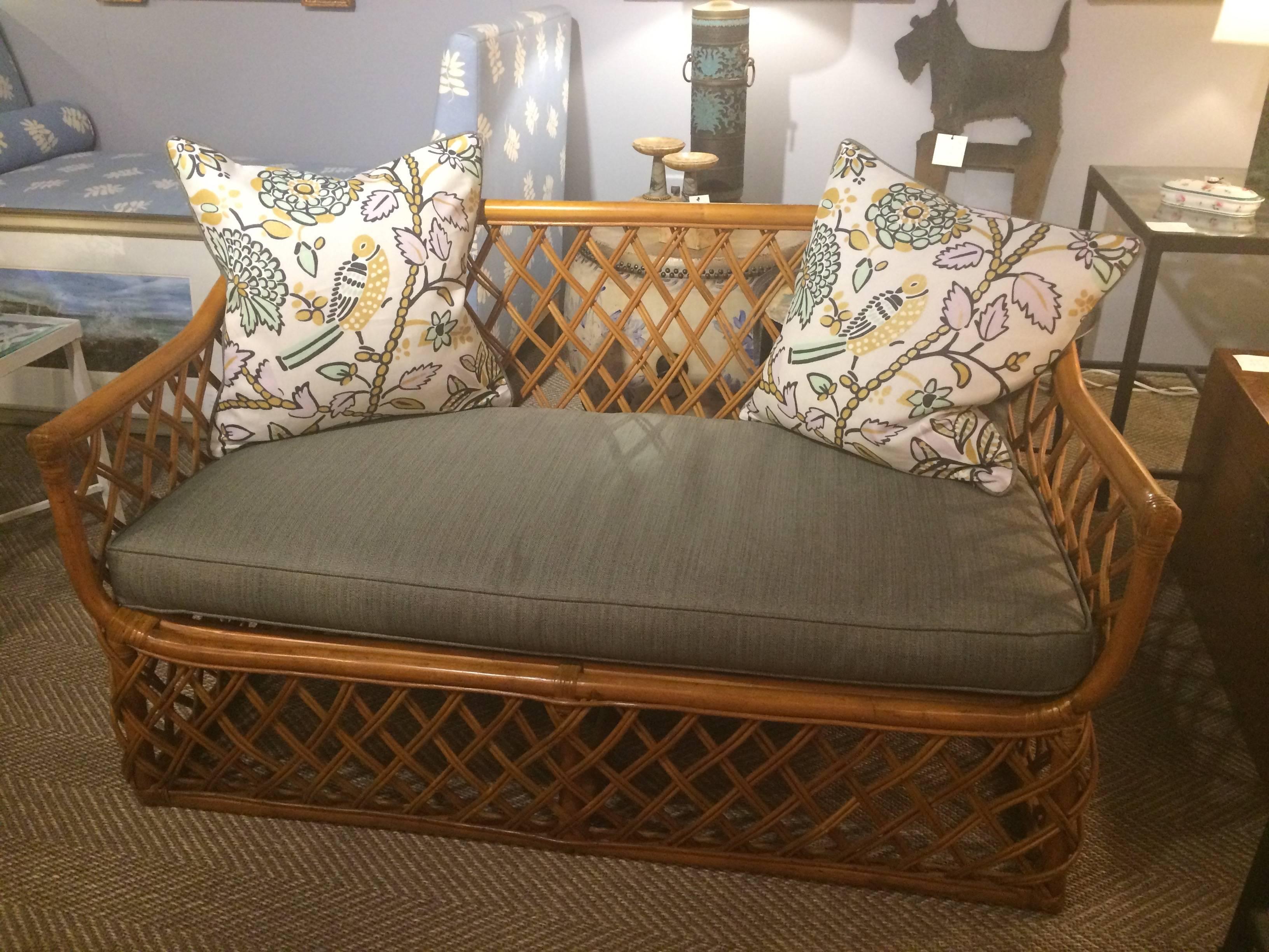 Classic Pair of Rattan Sofas Loveseats with New Upholstery 3