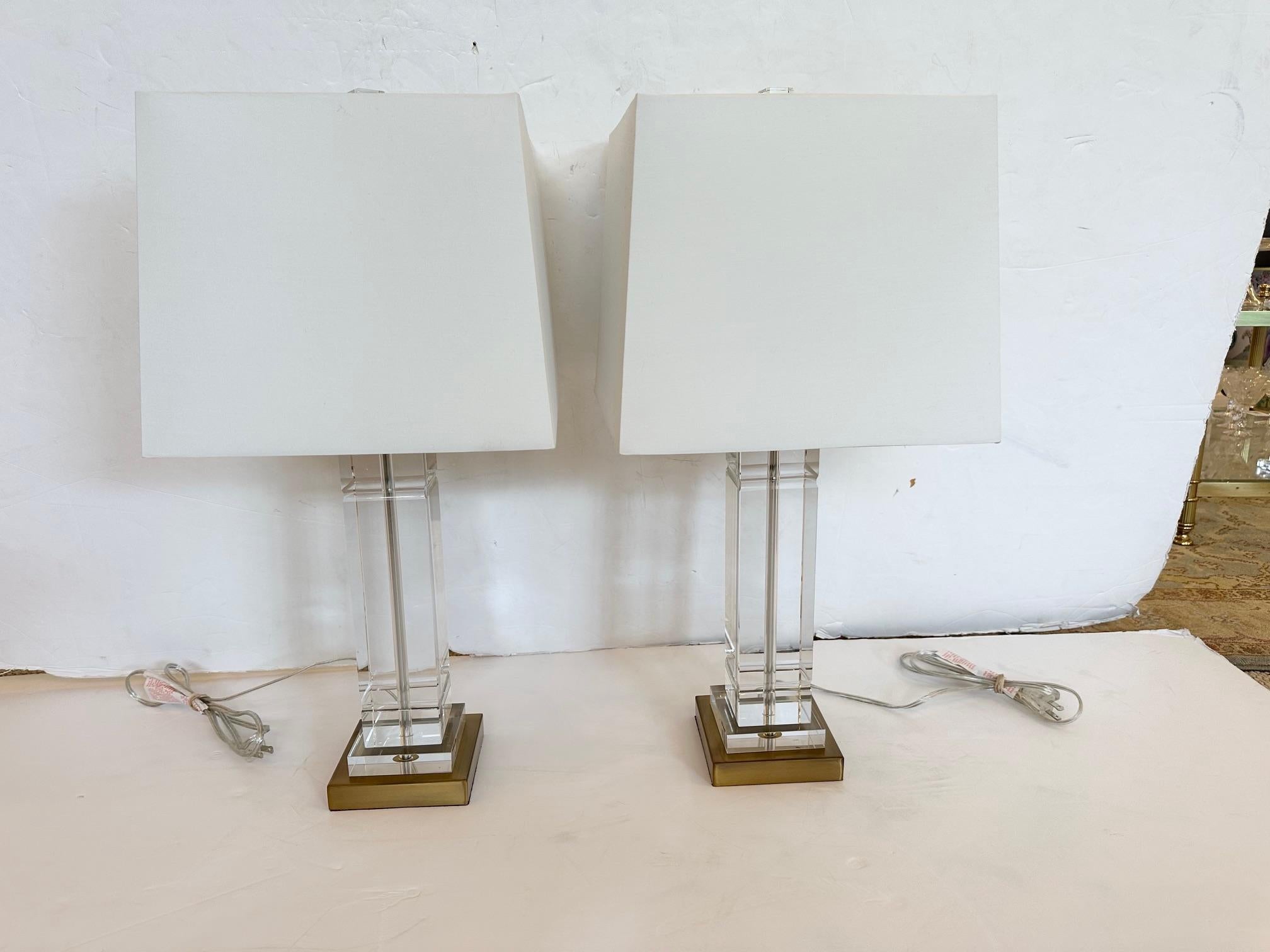 Pair of classic glass lamps with crystal finials.  
3 way 100 watt max
25” H to finial
12” square shade
5” Square base