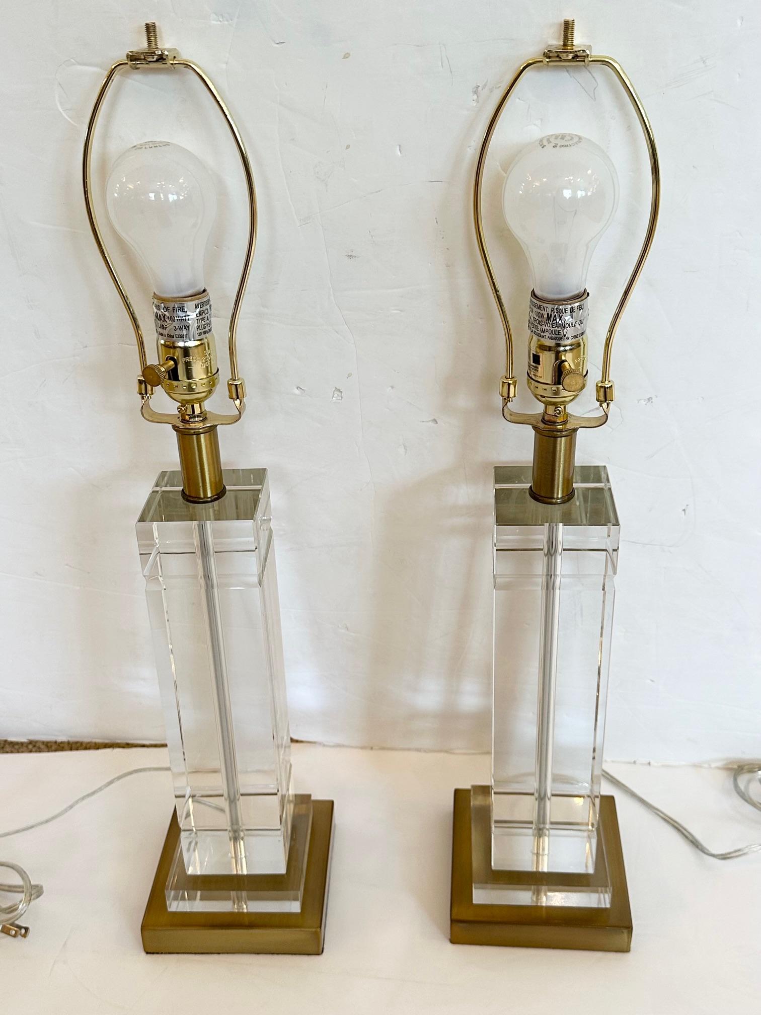 Hollywood Regency Classic Pair of Sleek Glass Table Lamps with Crystal Finials For Sale