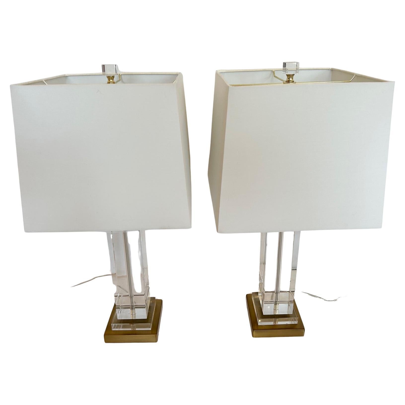 Classic Pair of Sleek Glass Table Lamps with Crystal Finials For Sale