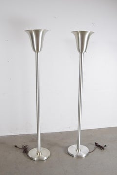 Classic Pair of Spun Aluminum Torchieres Attributed to Russel Wright