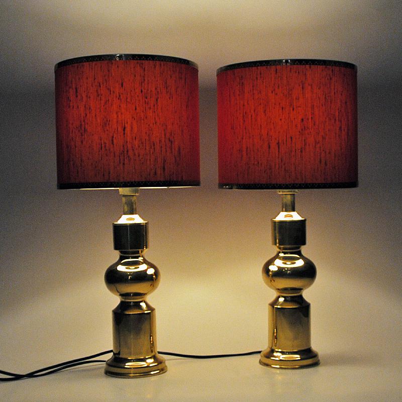 Scandinavian Modern Classic Pair of Swedish Brass Table Lamps with Red Shades by Aneta 1970s