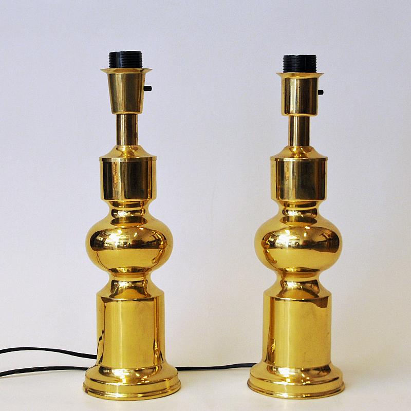 Polished Classic Pair of Swedish Brass Table Lamps with Red Shades by Aneta 1970s