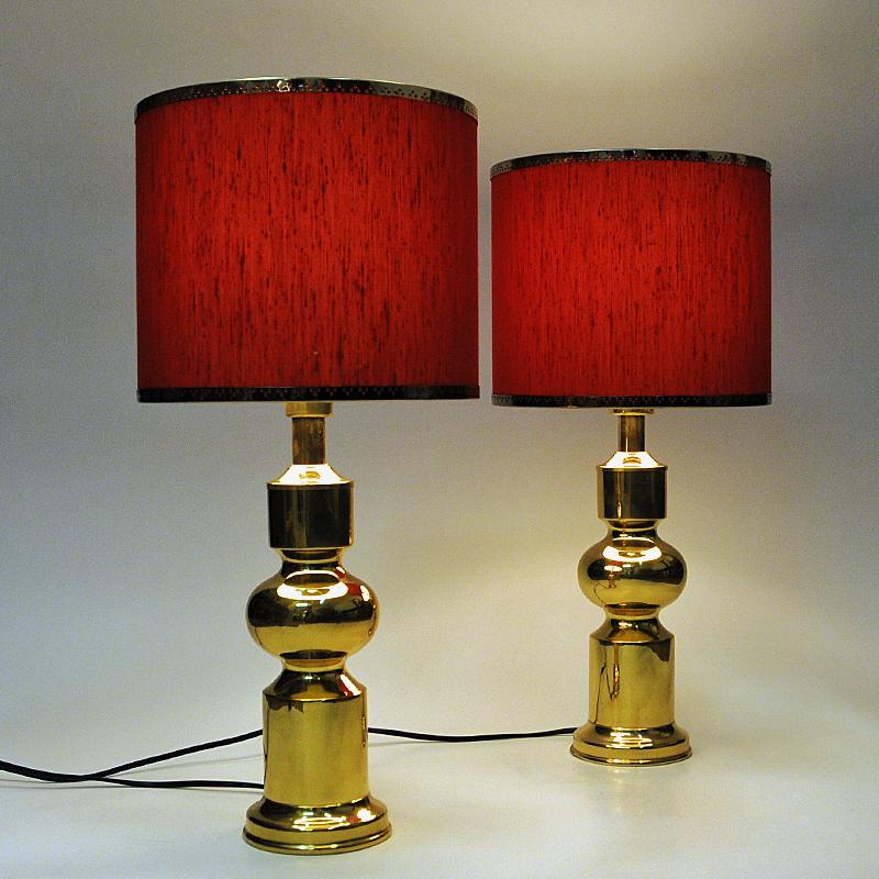 Classic Pair of Swedish Brass Table Lamps with Red Shades by Aneta 1970s 1