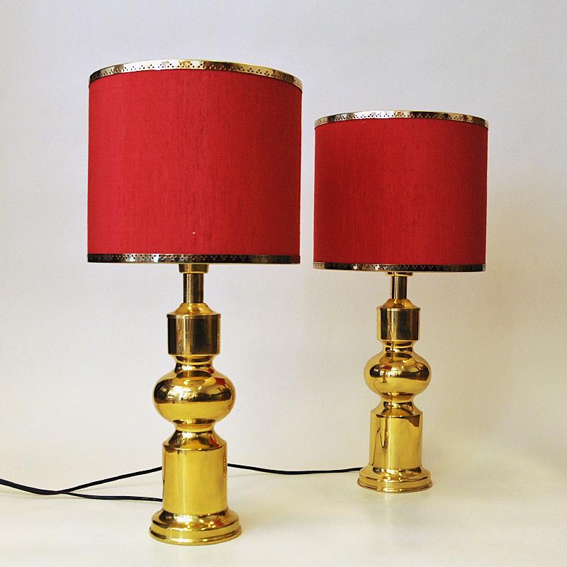 Classic Pair of Swedish Brass Table Lamps with Red Shades by Aneta 1970s 2