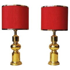 Classic Pair of Swedish Brass Table Lamps with Red Shades by Aneta 1970s