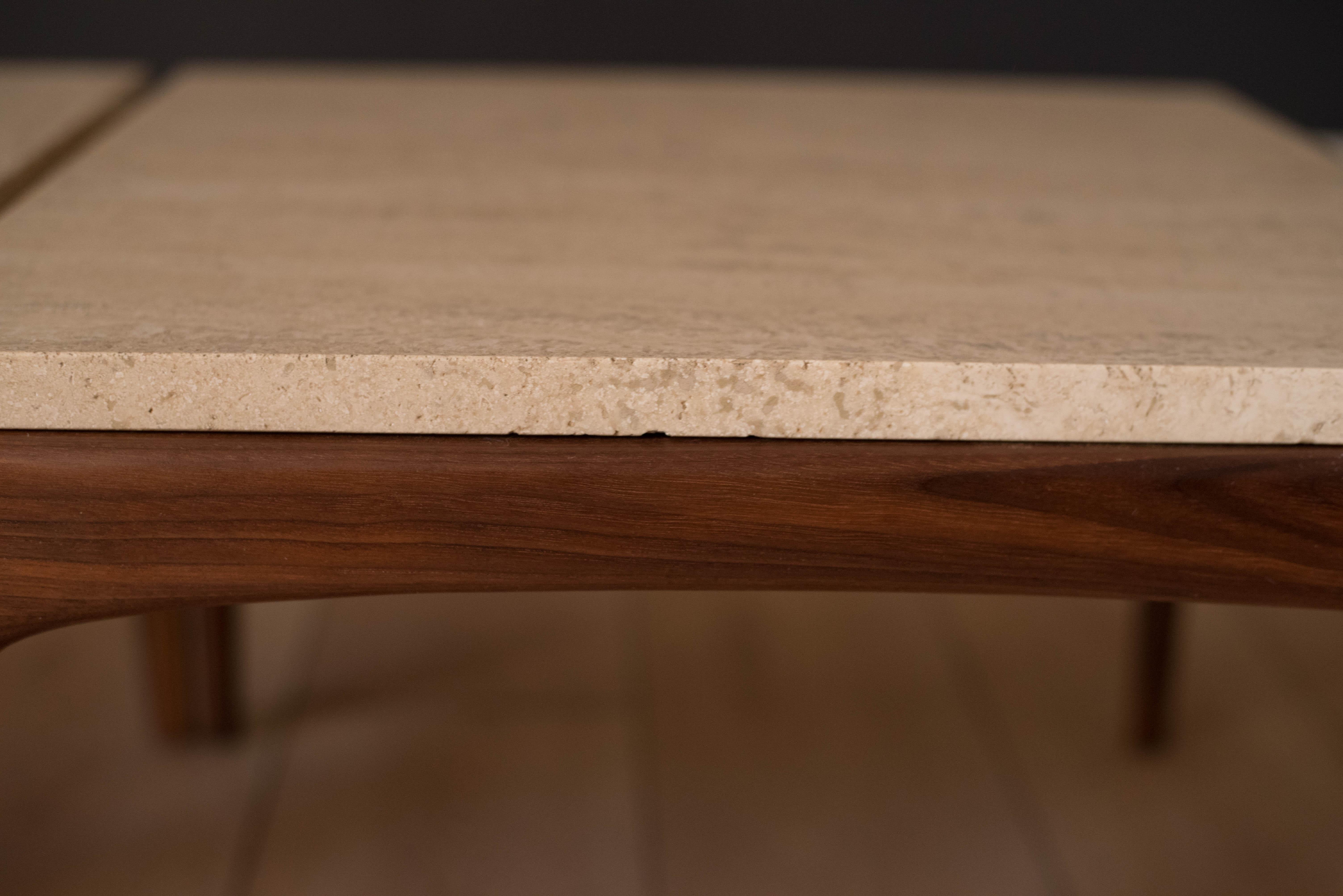 Classic Pair of Travertine and Walnut End Tables 5