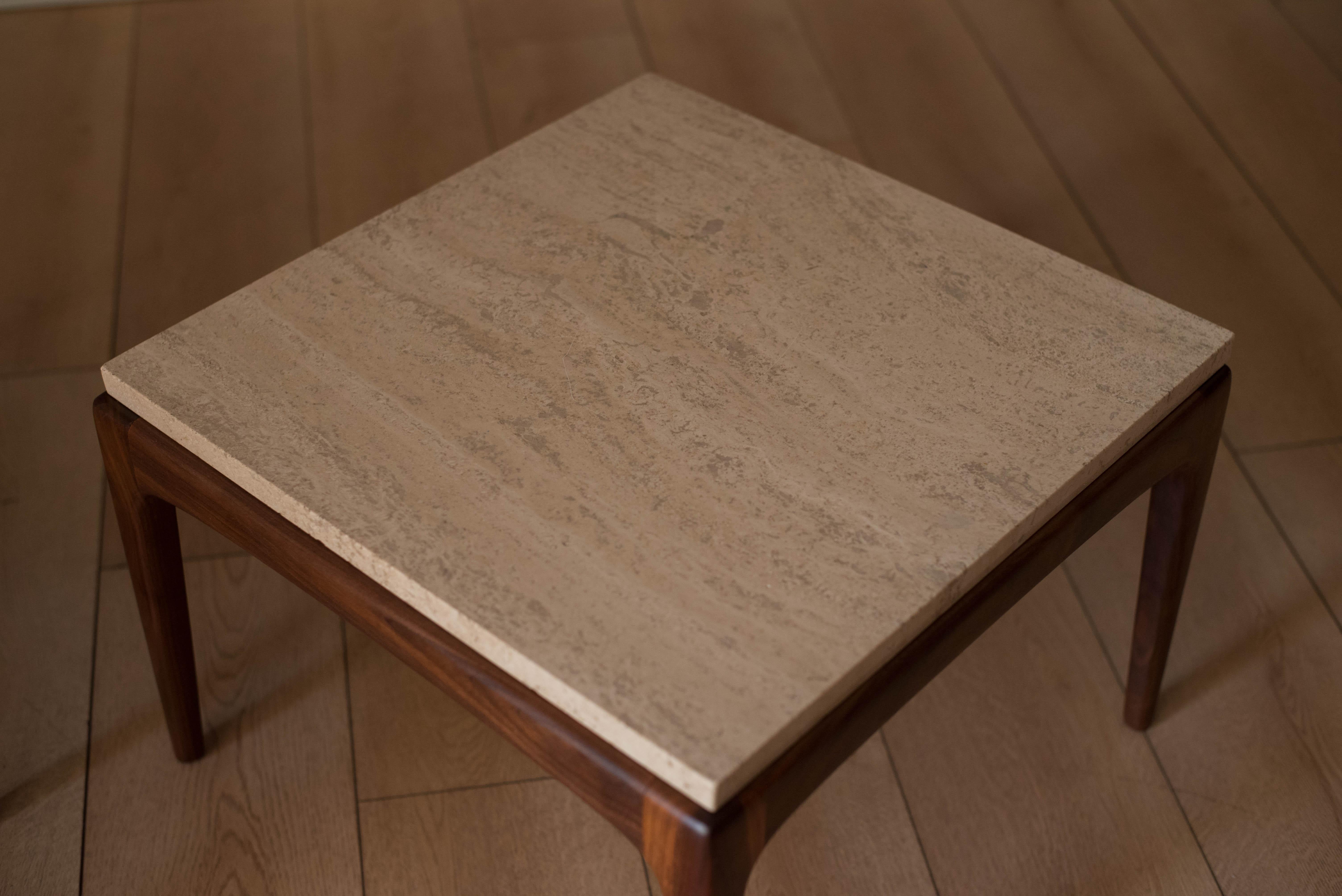 Mid-20th Century Classic Pair of Travertine and Walnut End Tables