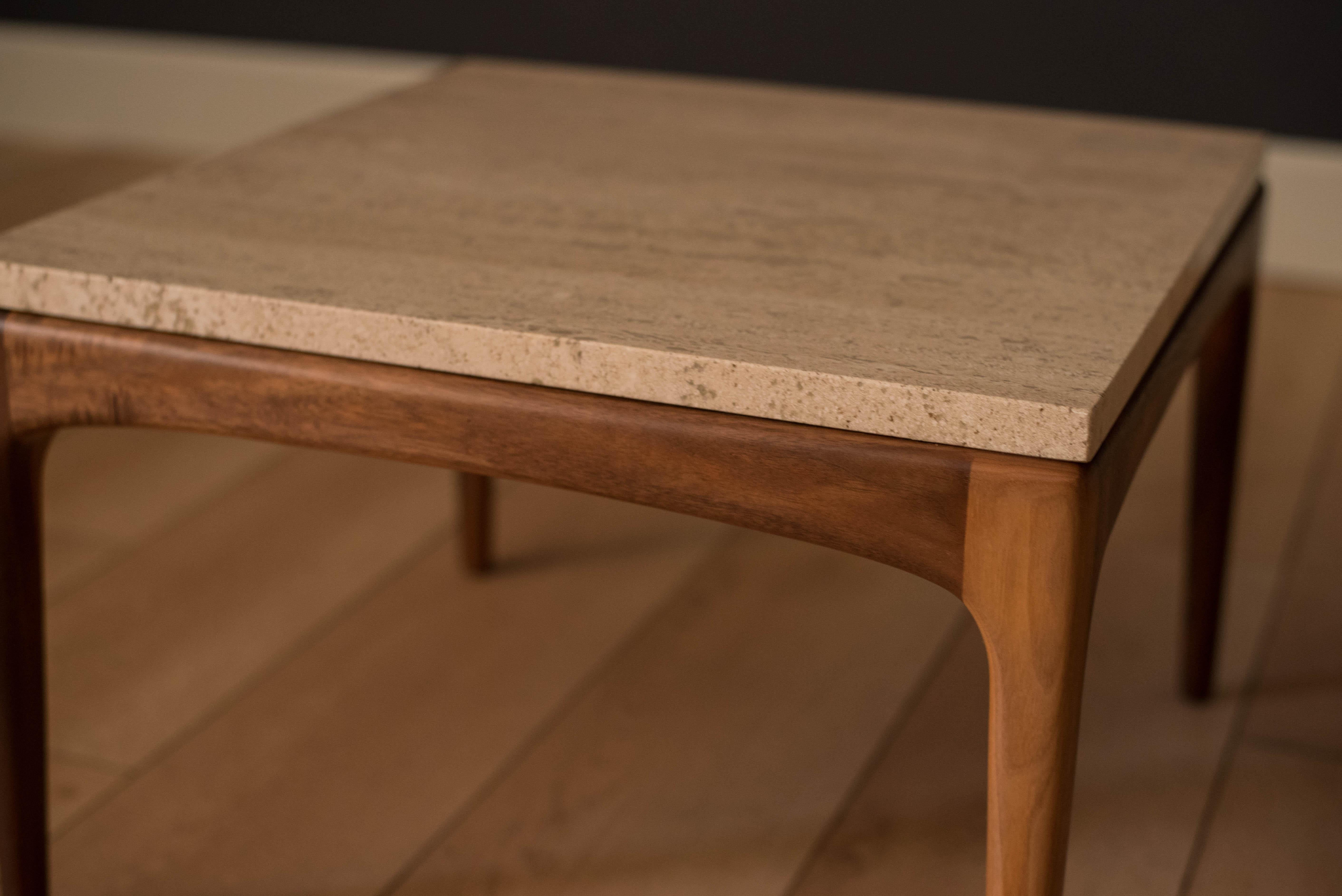 Classic Pair of Travertine and Walnut End Tables 1