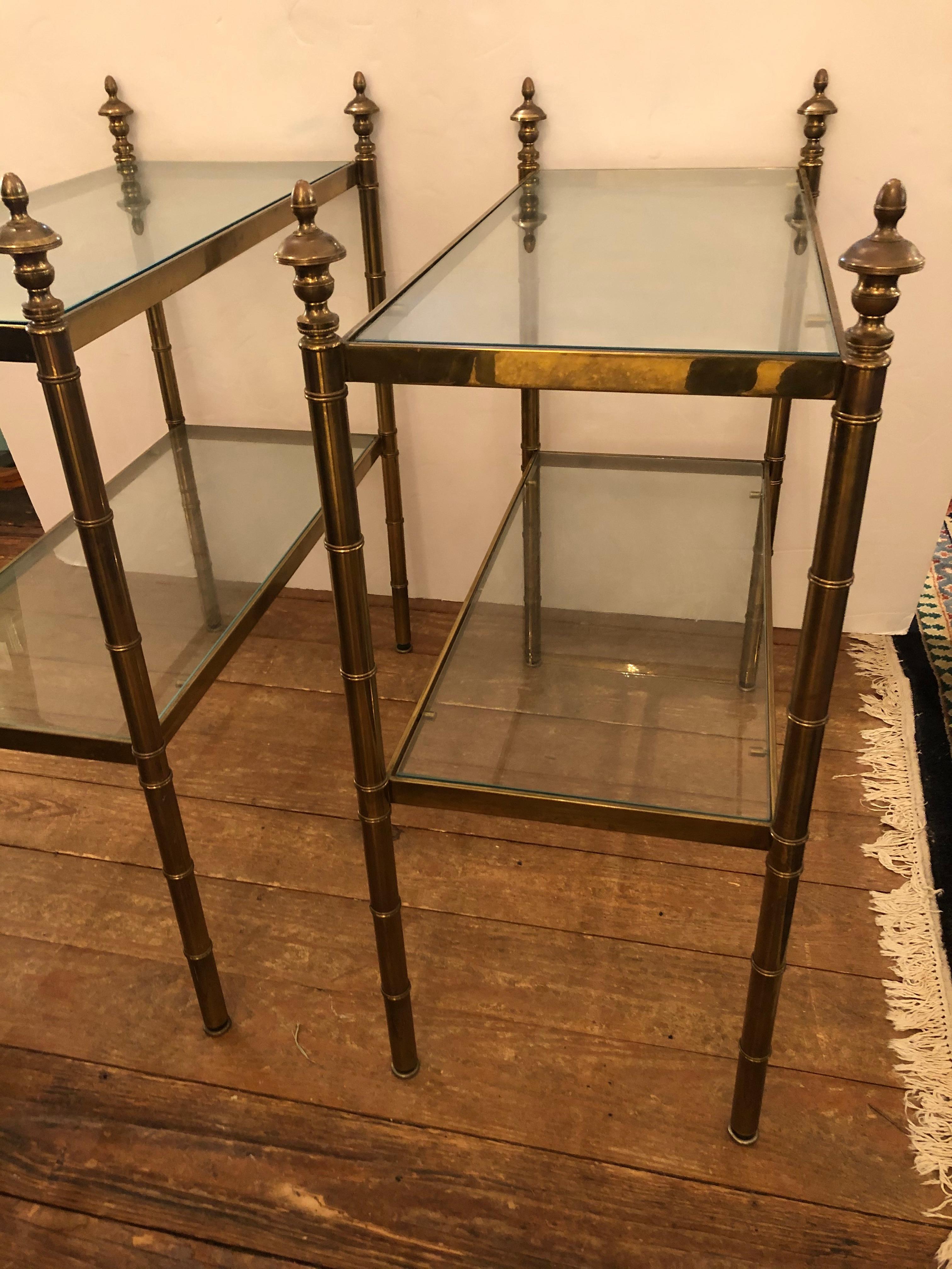North American Classic Pair of Two Tier Brass & Glass End Tables