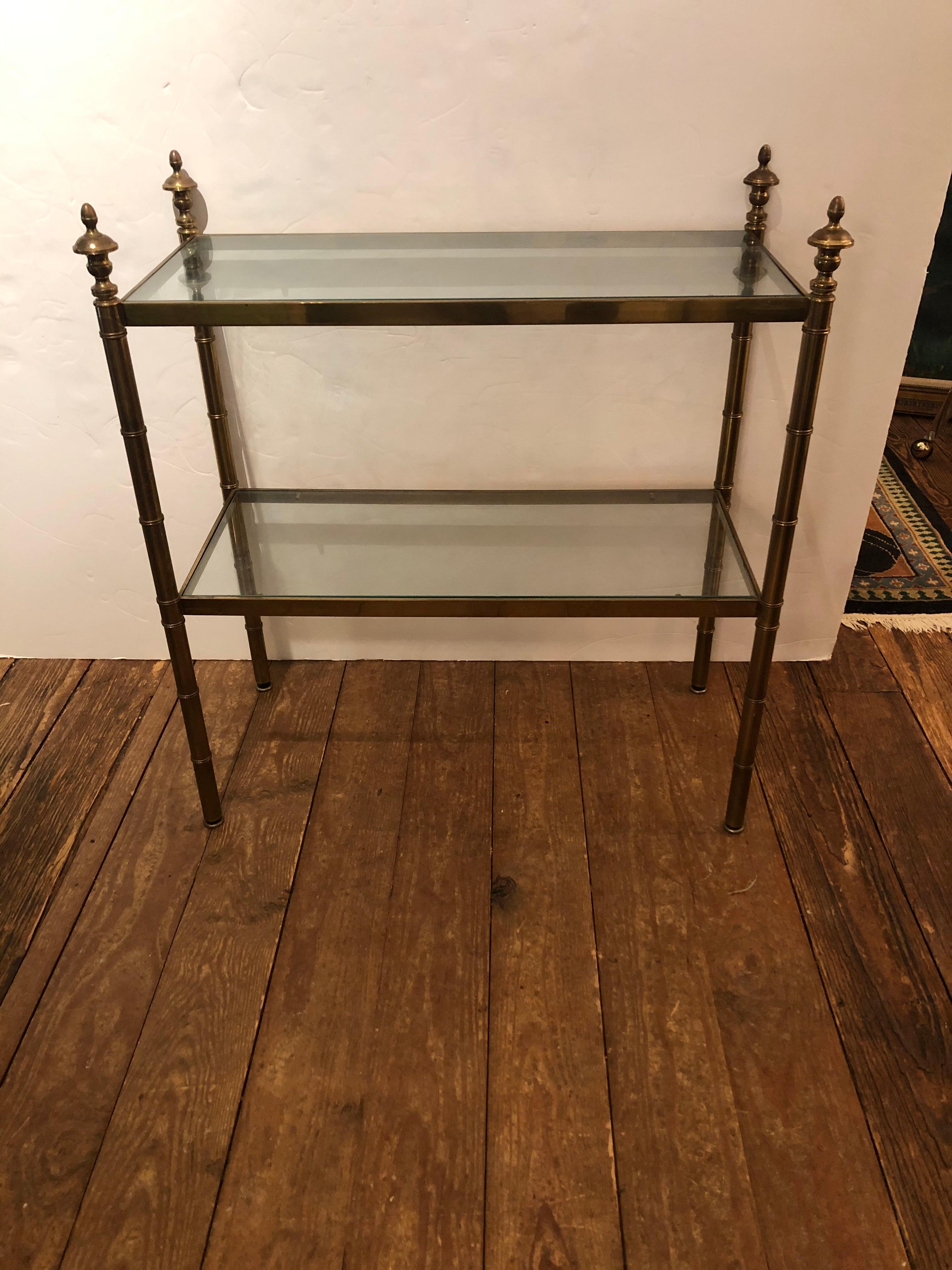 Classic Pair of Two Tier Brass & Glass End Tables In Good Condition In Hopewell, NJ