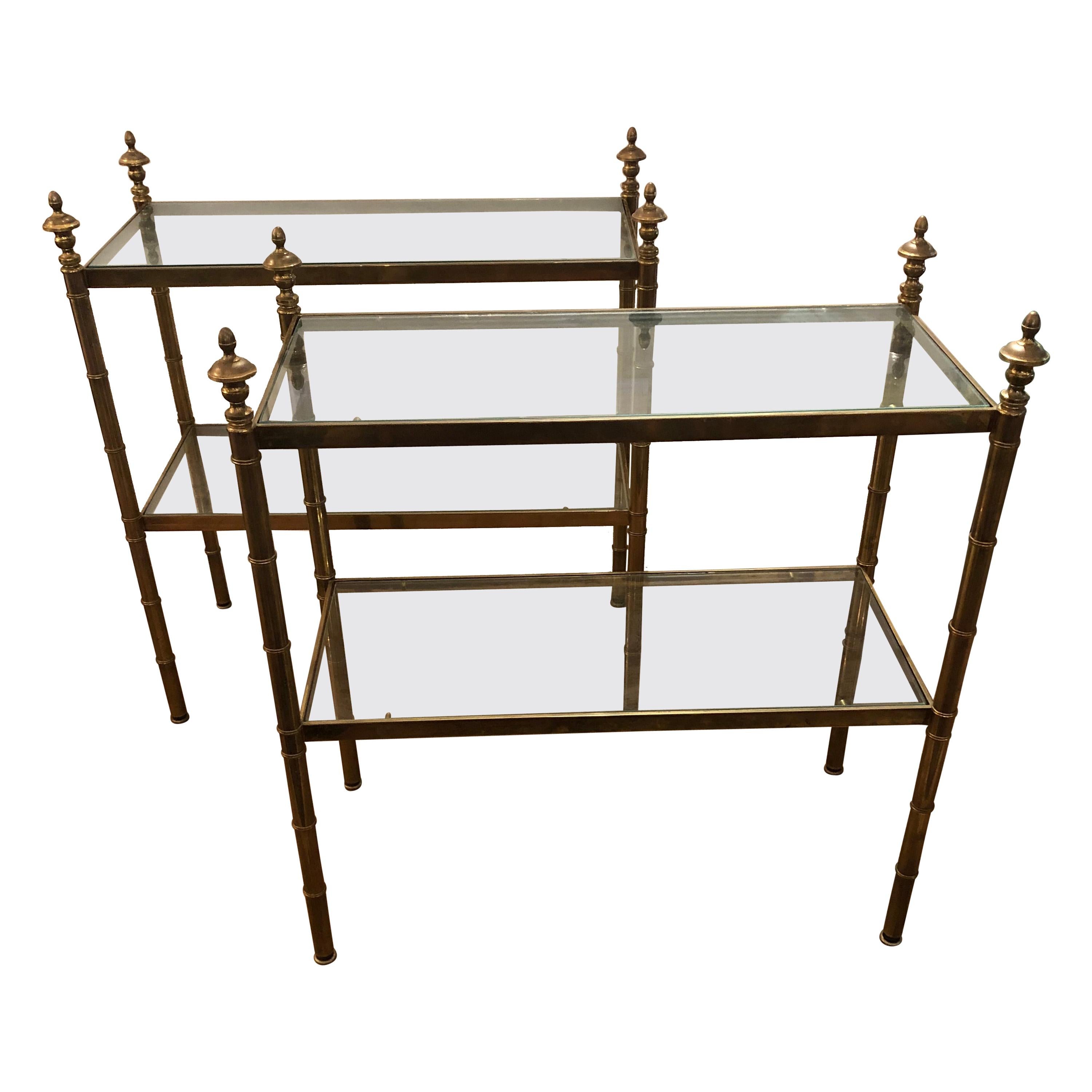 Classic Pair of Two Tier Brass & Glass End Tables