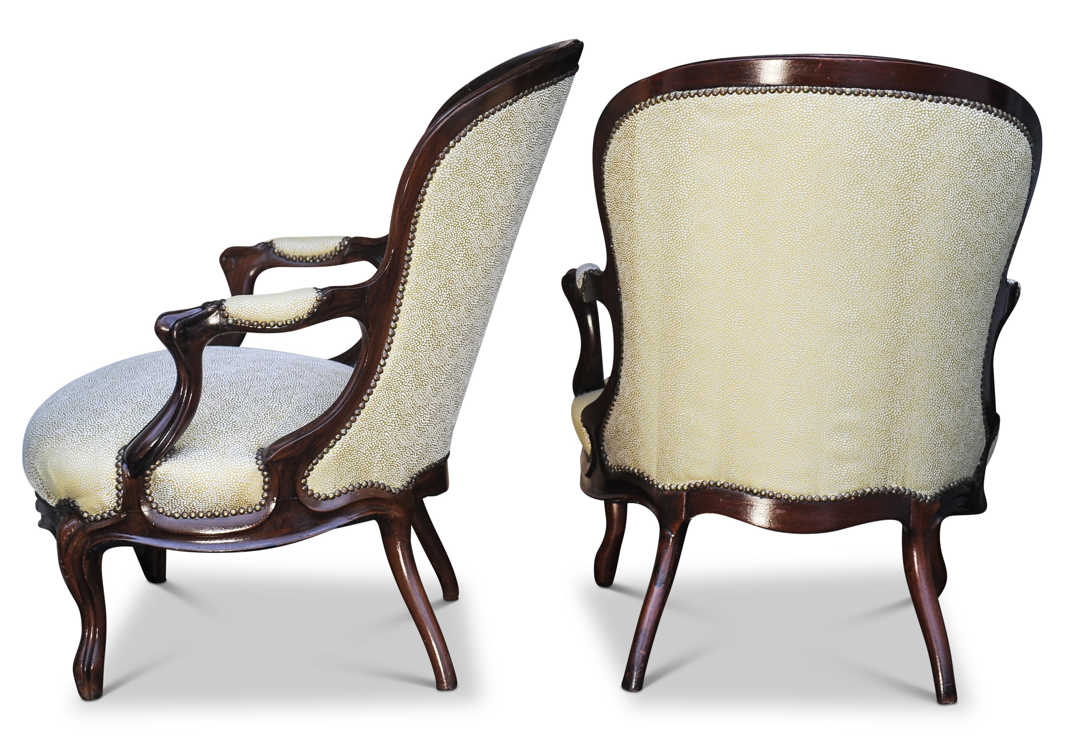 Hand-Carved Classic Pair of Victorian Shagreen Upholstered Mahogany Framed Open Armchairs For Sale