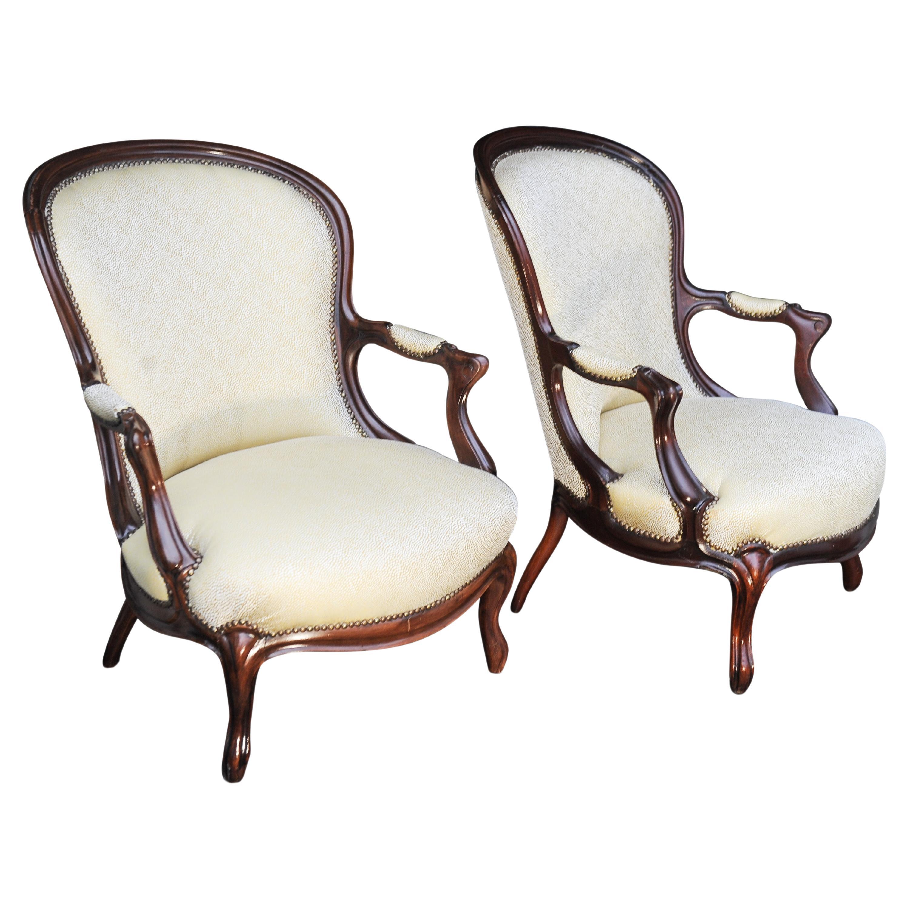 Classic Pair of Victorian Shagreen Upholstered Mahogany Framed Open Armchairs For Sale