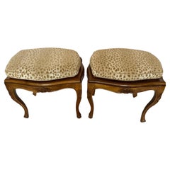 Classic Pair of Walnut Caned Benches with Custom Animal Print Cushions