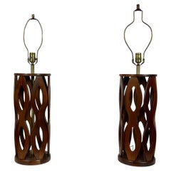 Vintage Classic Pair Sculpted Walnut Mid Century Modern Table Lamps by Modeline Lamp Co.