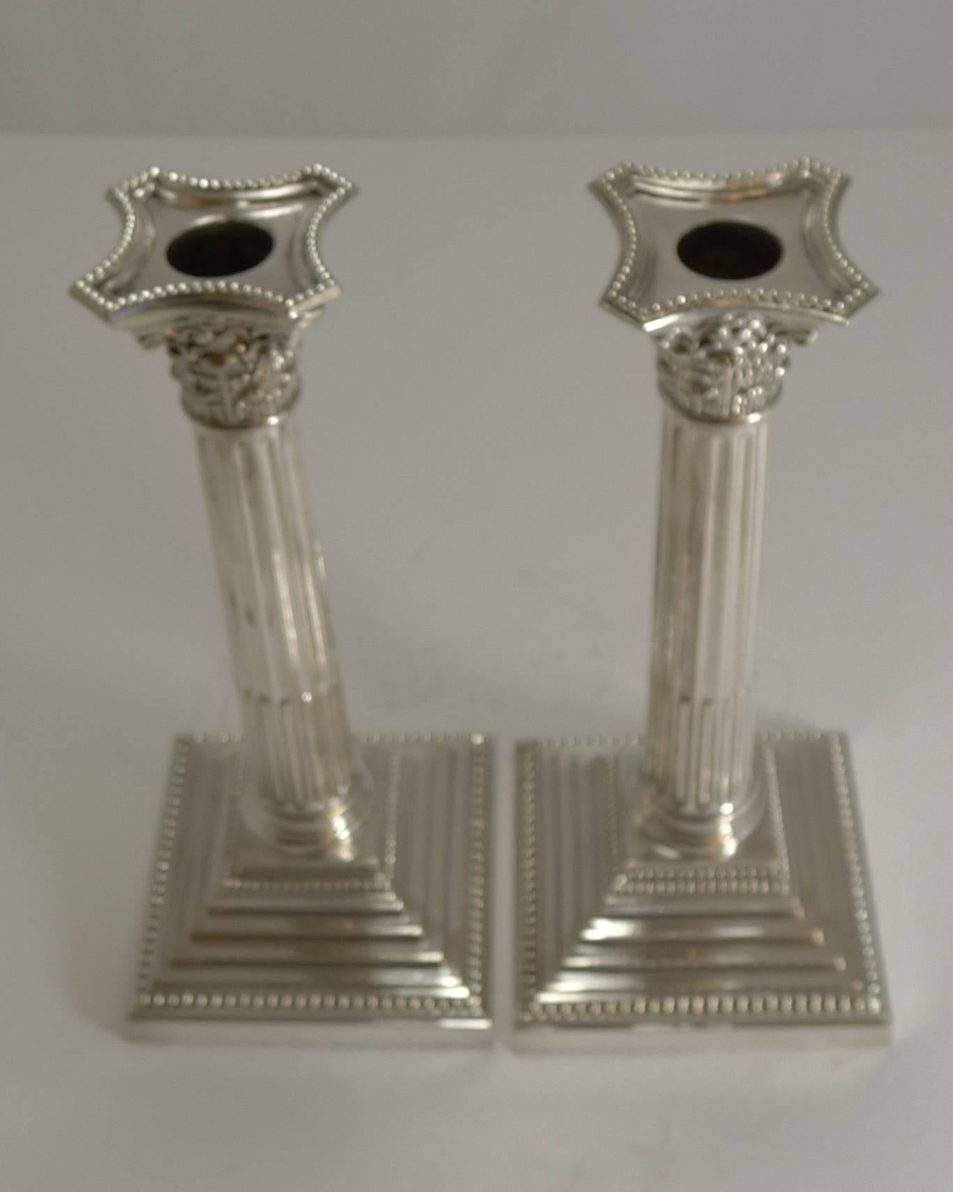 English Classic Pair of Silver Plate Corinthian Column Candlesticks by Elkington, 1929
