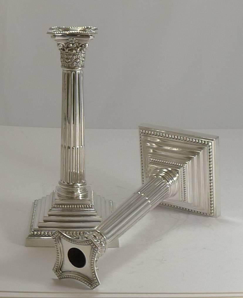 Plated Classic Pair of Silver Plate Corinthian Column Candlesticks by Elkington, 1929
