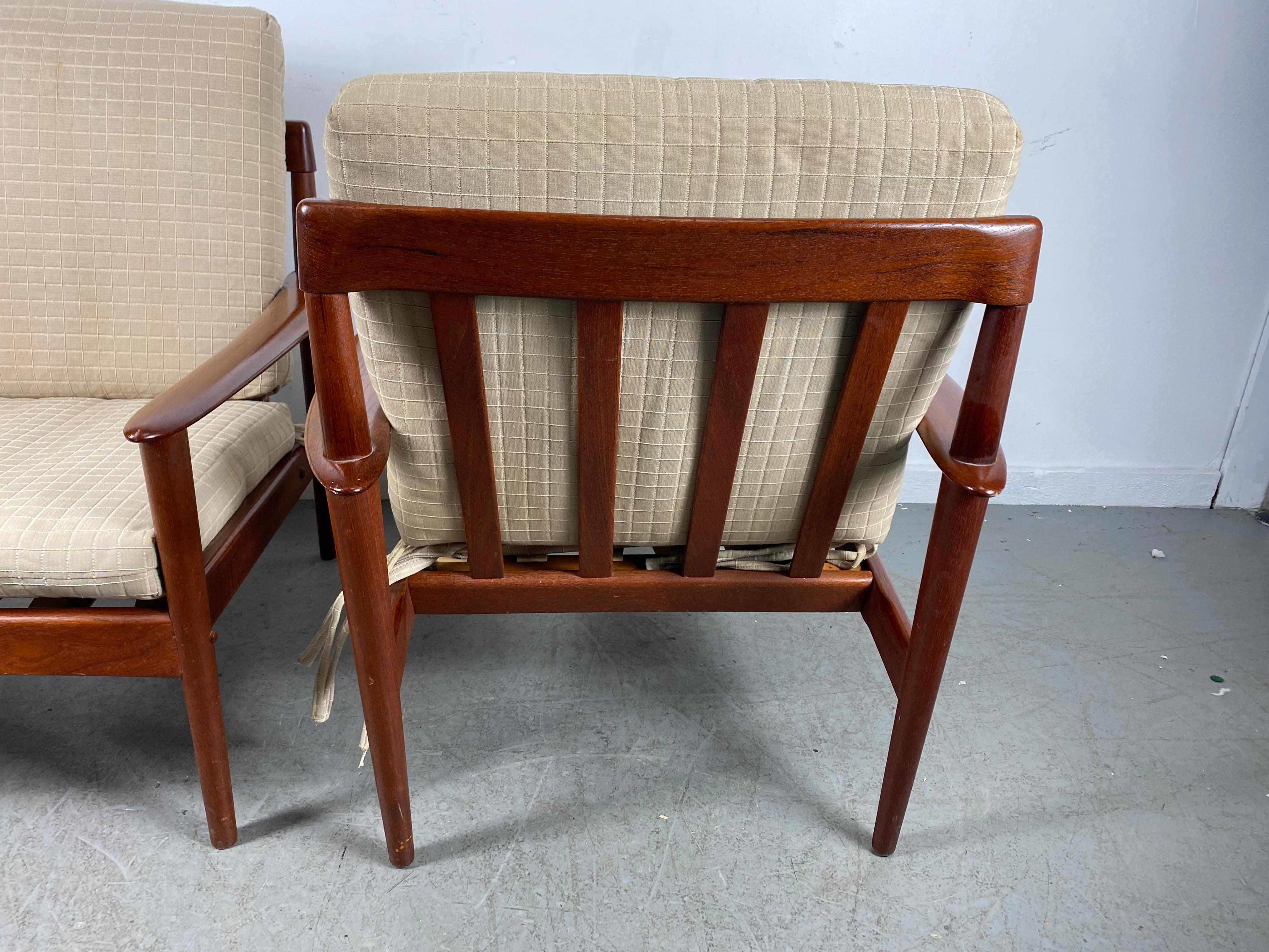 Scandinavian Modern Classic Pair Teak Easy Chairs Designed by Grete Jalk, Made in Denmark