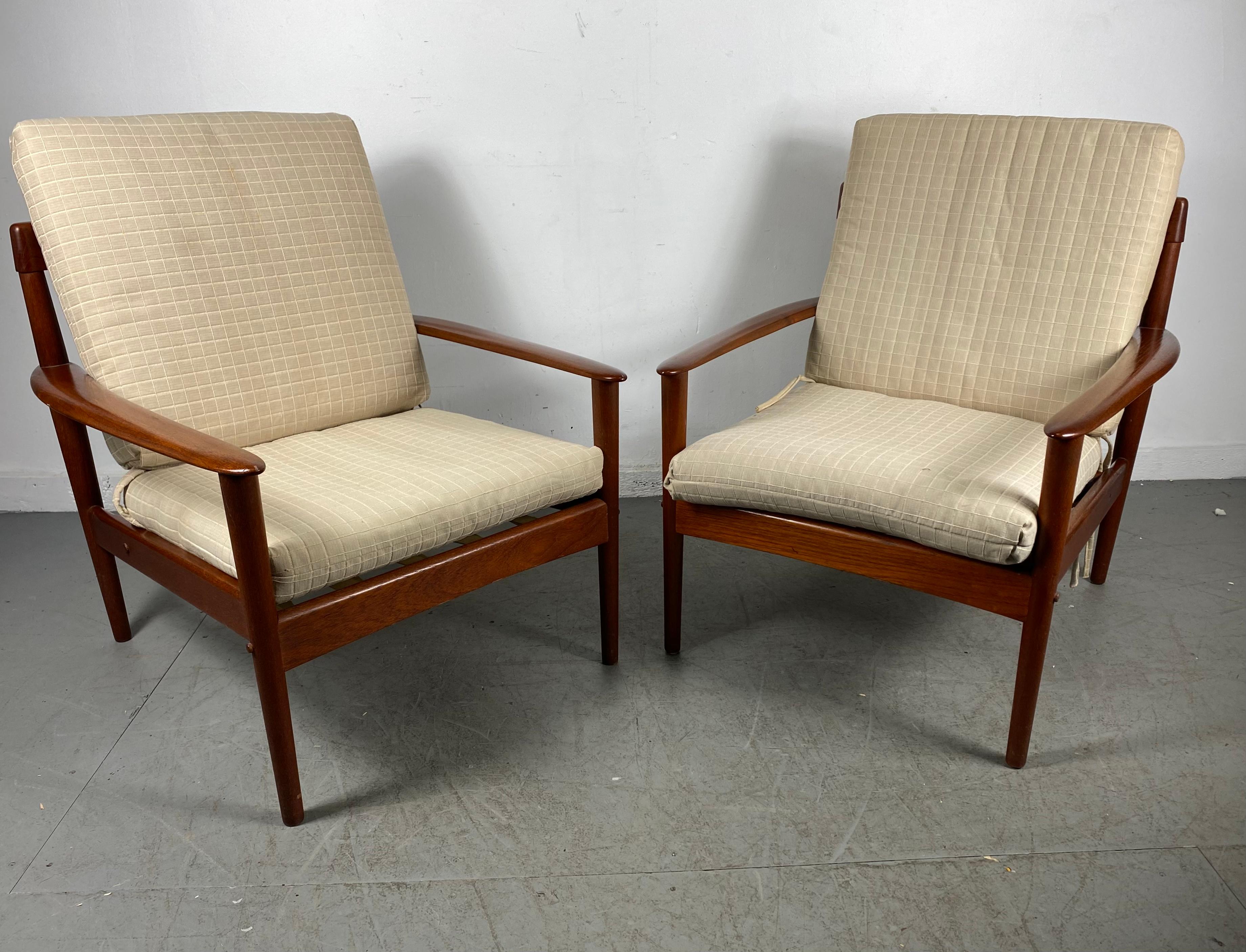 Classic Pair Teak Easy Chairs Designed by Grete Jalk, Made in Denmark In Good Condition In Buffalo, NY