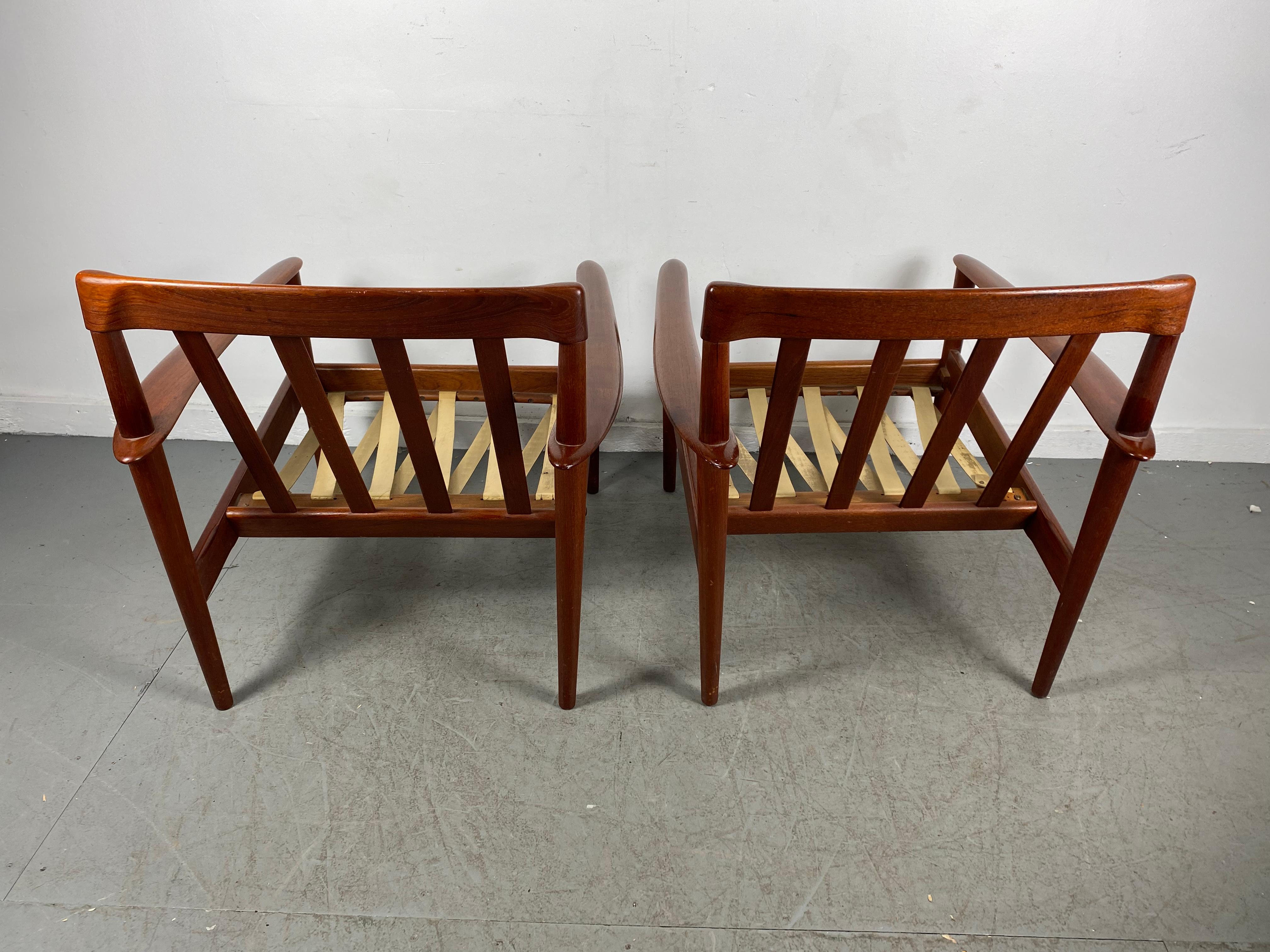 Mid-20th Century Classic Pair Teak Easy Chairs Designed by Grete Jalk, Made in Denmark
