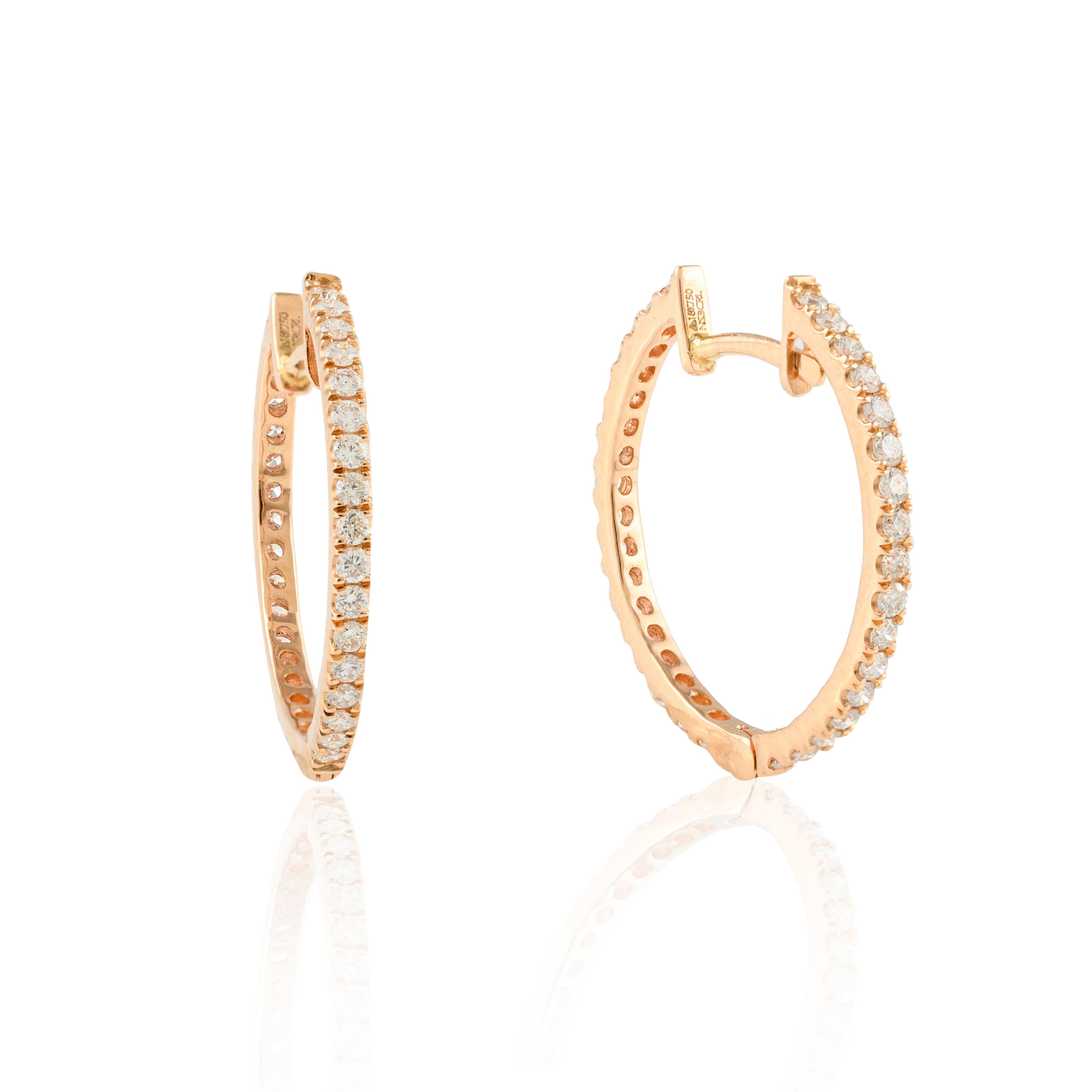 Contemporary Classic Pave Set Diamond Hoop Earrings in 18k Solid Rose Gold For Sale
