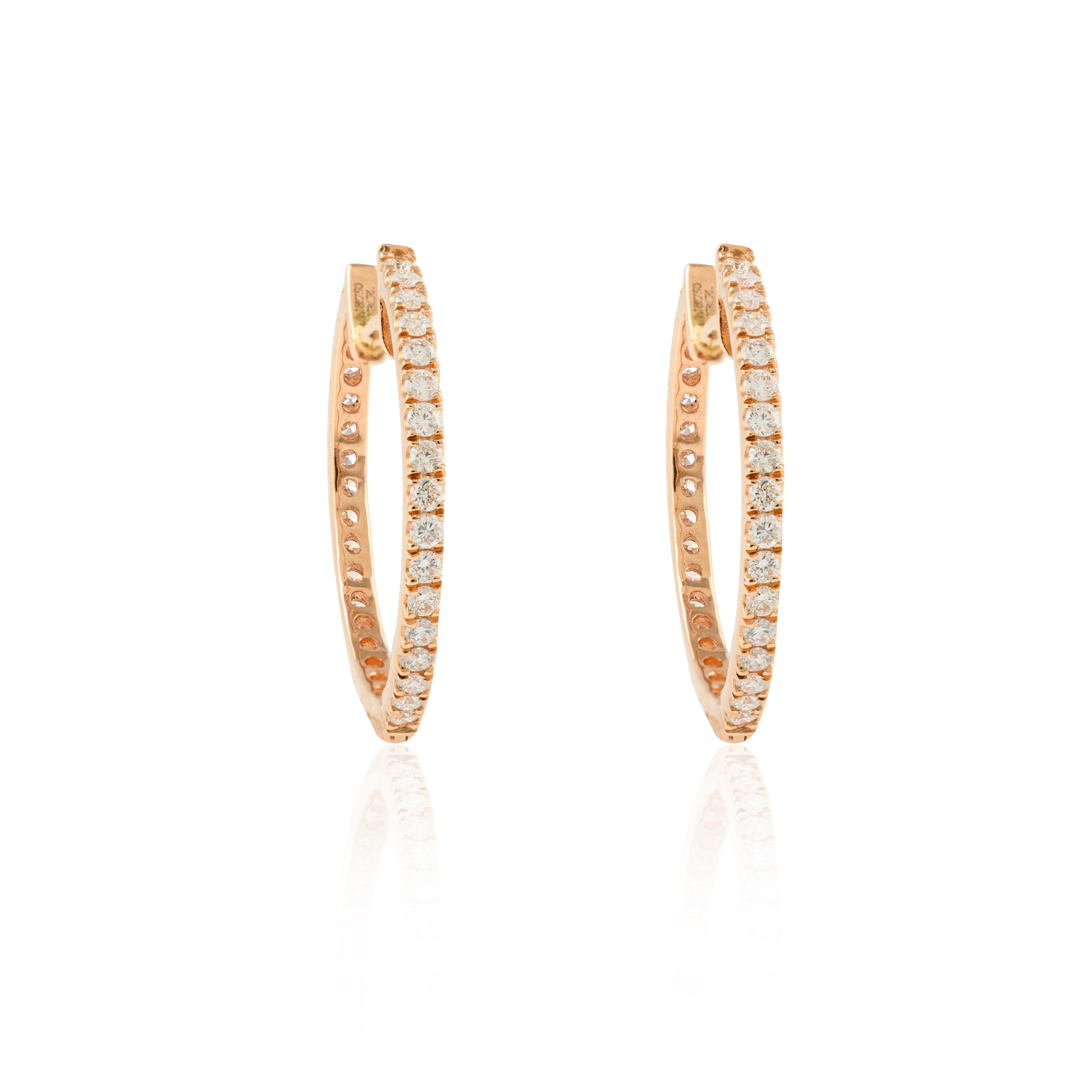 Classic Pave Set Diamond Hoop Earrings in 18k Solid Rose Gold In New Condition For Sale In Houston, TX