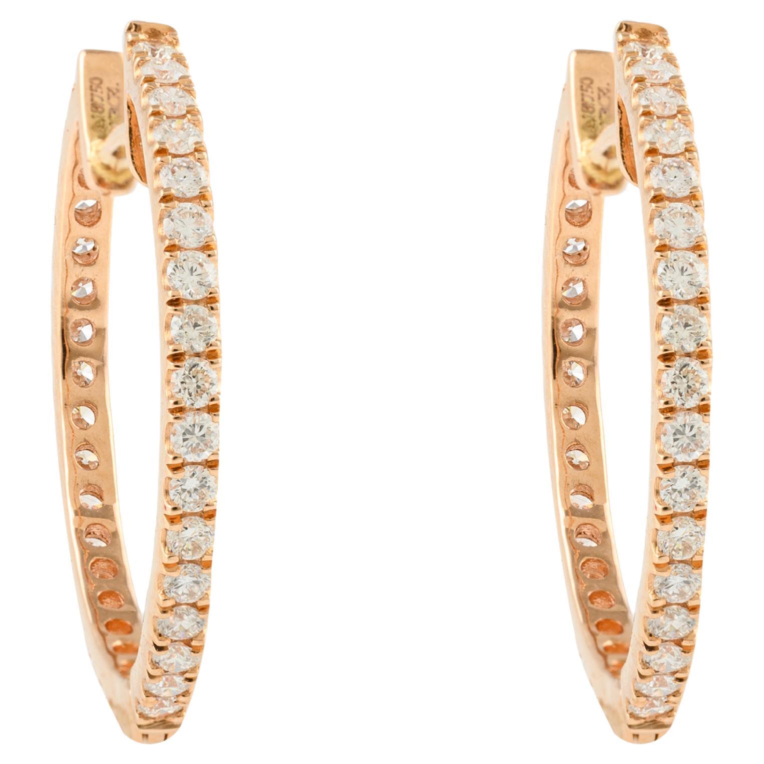 Classic Pave Set Diamond Hoop Earrings in 18k Solid Rose Gold For Sale