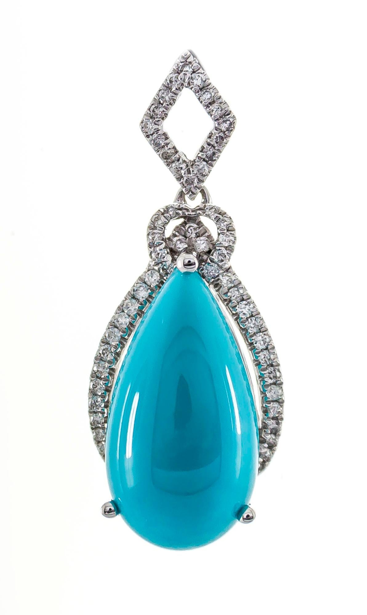 Decorate yourself in elegance with this Pendant is crafted from 14-karat White Gold by Gin & Grace. This Pendant is made up of Pear-cab Turquoise (1 pcs) 6.78 carat and Round-cut White Diamond (53 Pcs) 0.18 Carat. This Pendant is weight 1.90 grams.