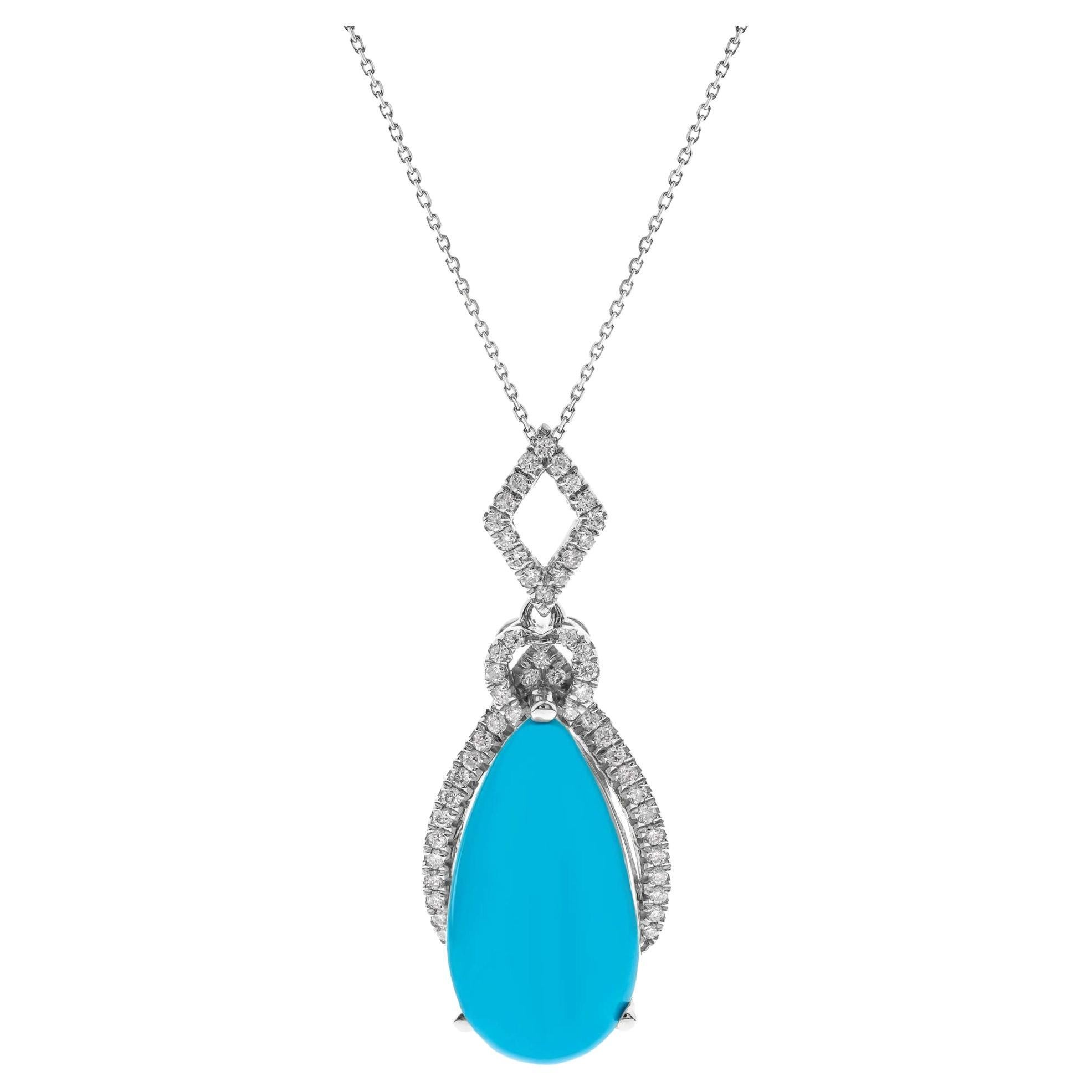 Classic Pear-Cab Turquoise 14k White Gold White Diamond Accents Pendant For Sale