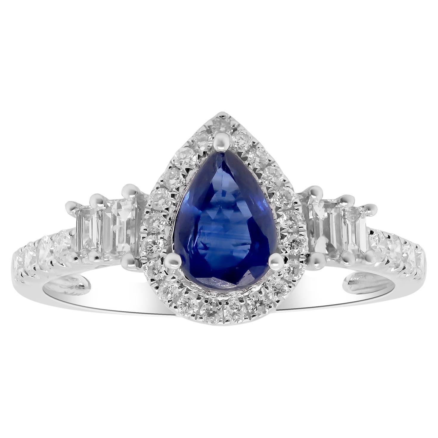 Anillo clásico de oro blanco de 14 quilates con zafiro azul talla pera y diamante blanco