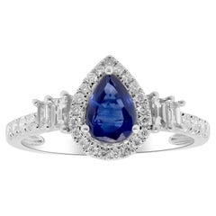 Anillo clásico de oro blanco de 14 quilates con zafiro azul talla pera y diamante blanco