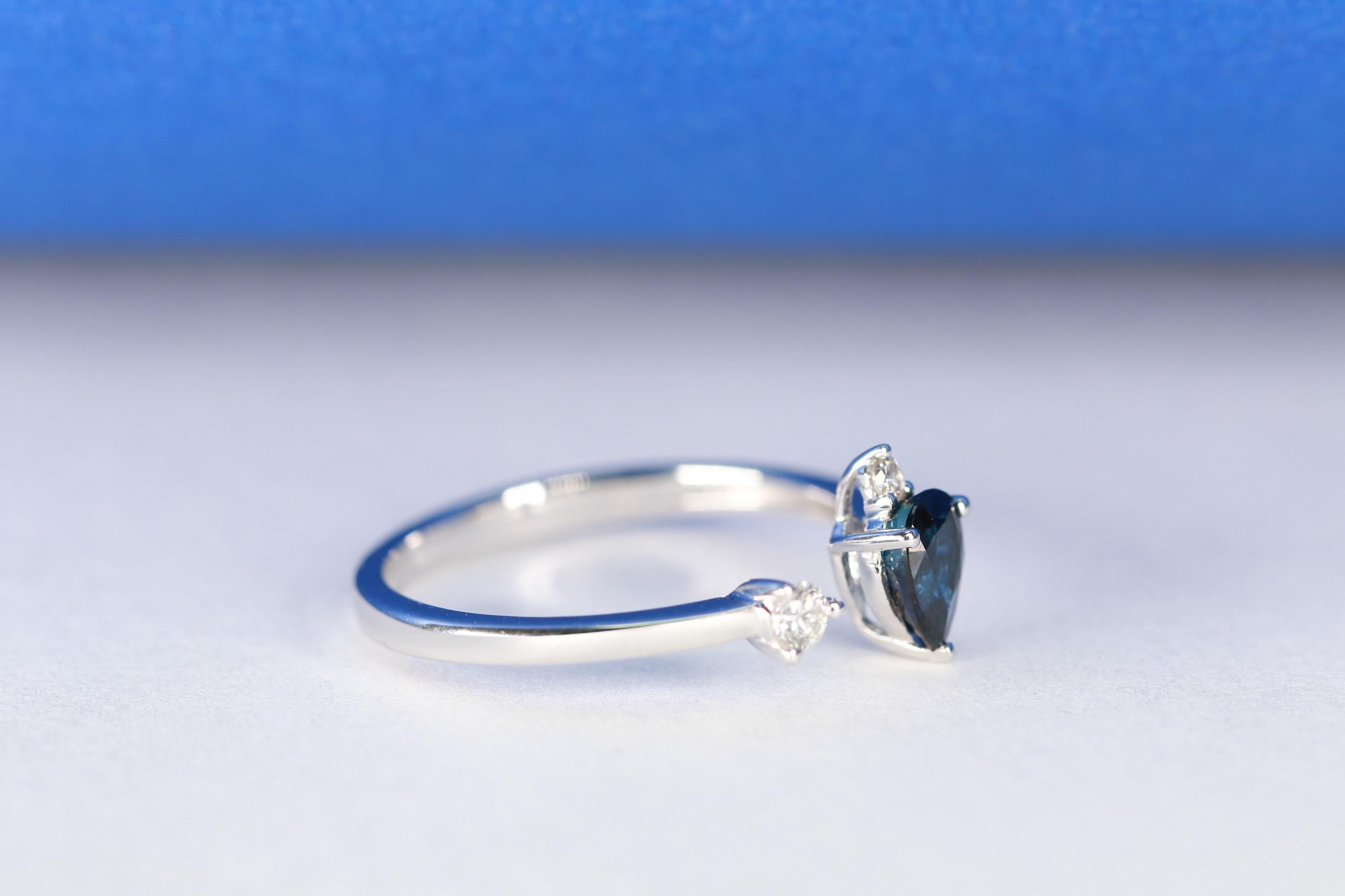 Pear Cut Classic Pear-Cut Blue Sapphire with Round-Cut Diamond 10k White Gold Ring For Sale