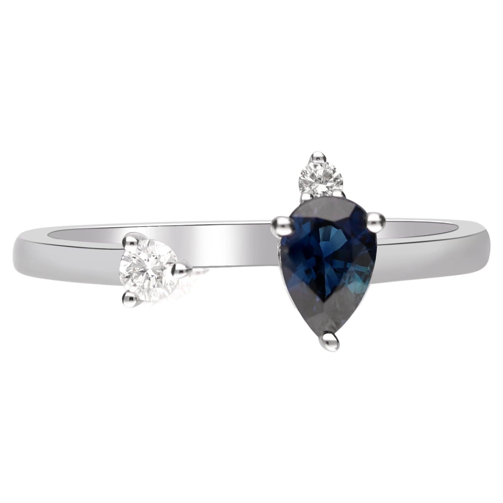 Classic Pear-Cut Blue Sapphire with Round-Cut Diamond 10k White Gold Ring For Sale