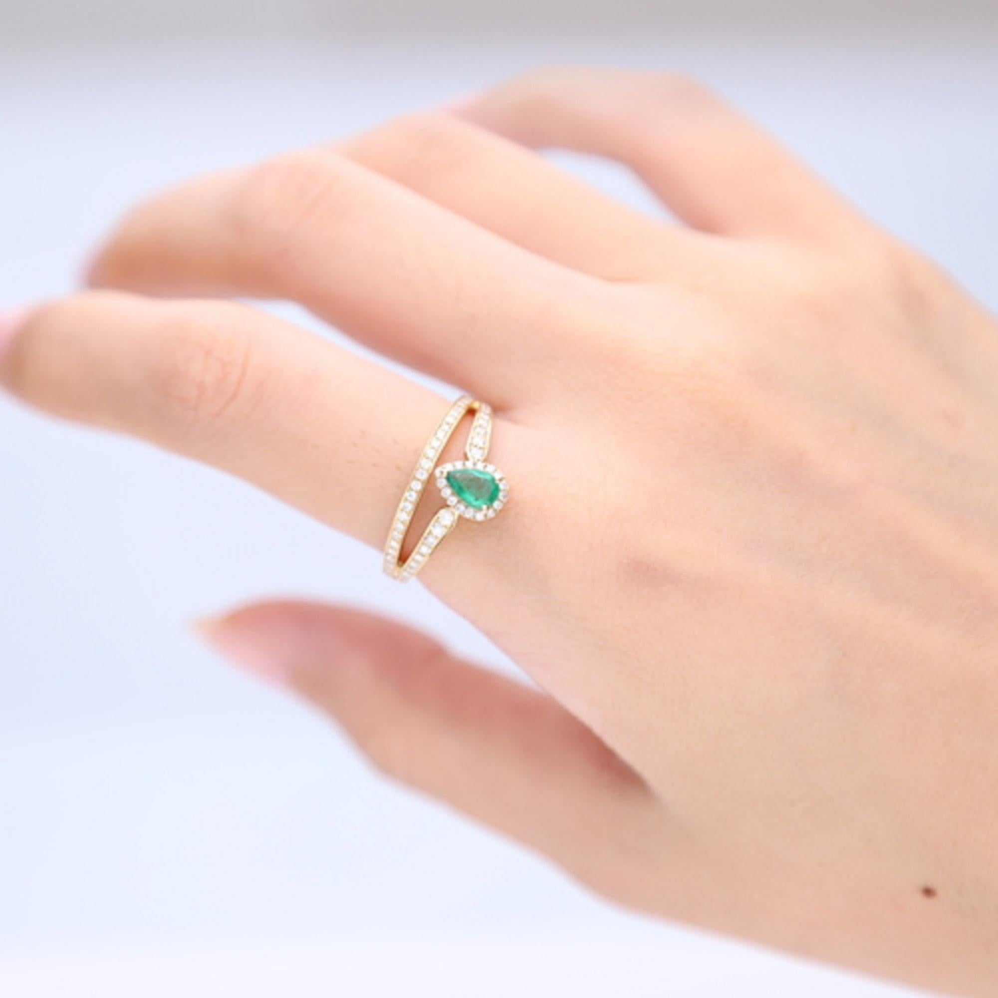Stunning, timeless and classy eternity Unique Ring. Decorate yourself in luxury with this Gin & Grace Ring. The 14k Yellow Gold jewelry boasts Pear cut Prong Setting Natural Zambian Emerald (1 pcs) 0.32 Carat, along with Natural Round cut white