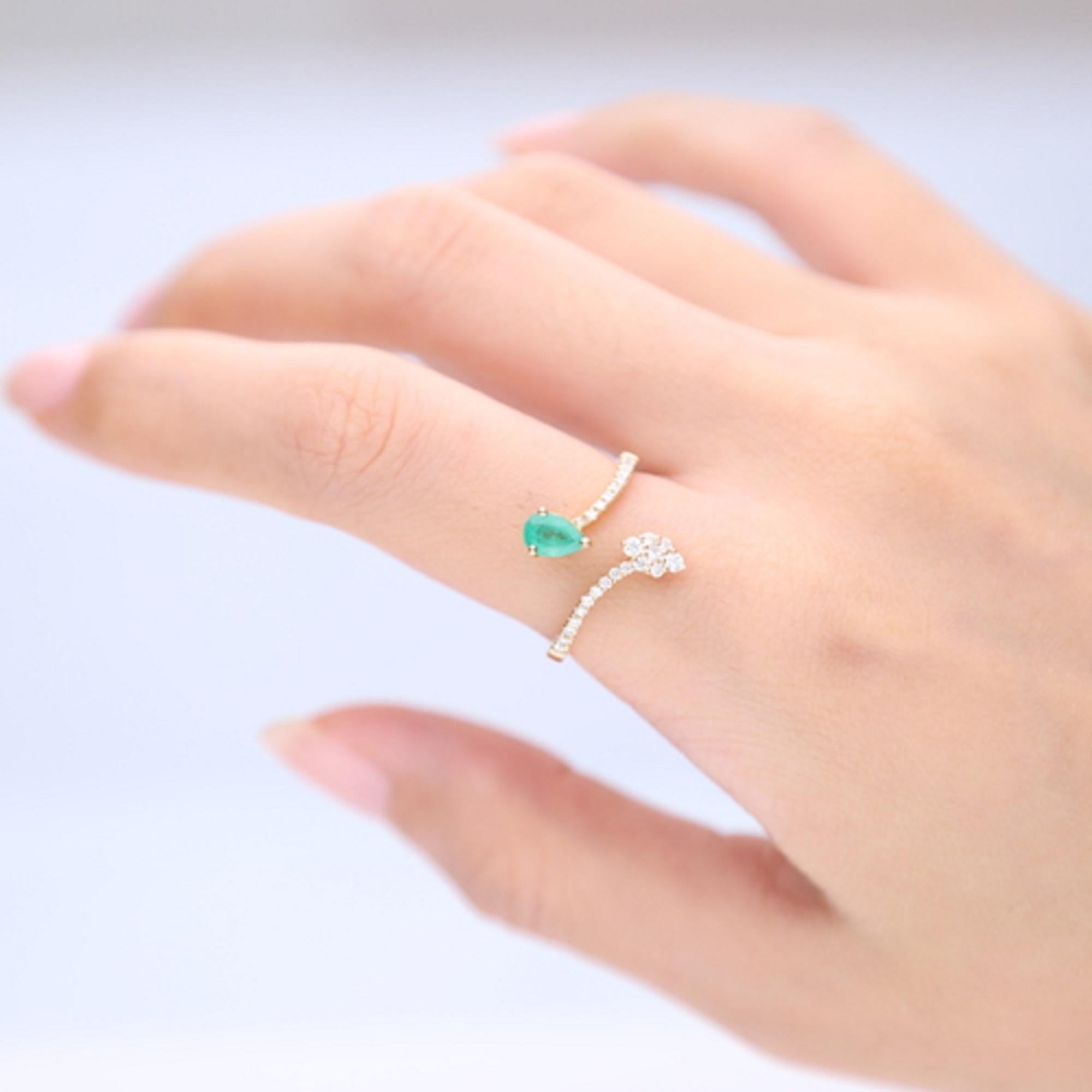Stunning, timeless and classy eternity Unique Ring. Decorate yourself in luxury with this Gin & Grace Ring. The 14k Yellow Gold jewelry boasts Pear cut Prong Setting Natural Emerald (1 pcs) 0.37 Carat, along with Natural Round cut white Diamond (26