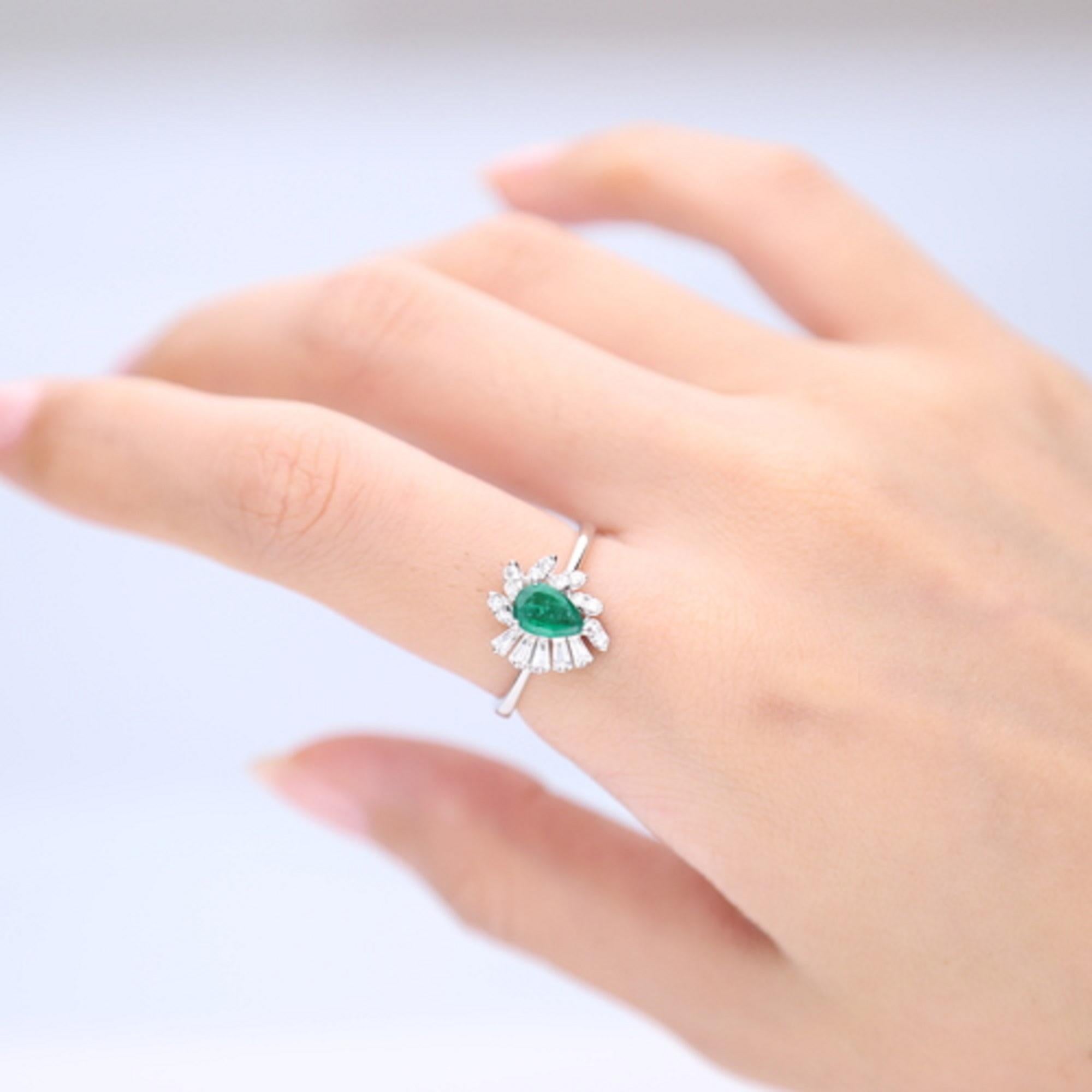 Stunning, timeless and classy eternity Unique Ring. Decorate yourself in luxury with this Gin & Grace Ring. The 18k White Gold jewelry boasts Pear cut Prong Setting Natural Zambian Emerald (1 pcs) 0.47 Carat, along with Natural Round cut white