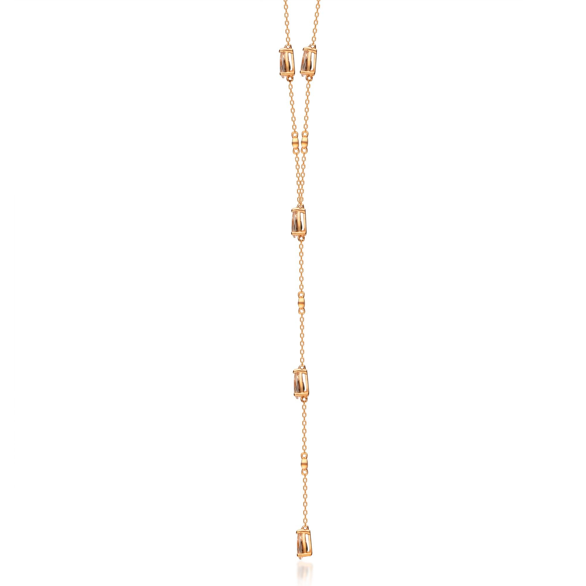 Stunning, timeless and classy eternity Unique Necklace. Decorate yourself in luxury with this Gin & Grace Necklace. The 14K Rose Gold jewelry boasts with Pear-cut Morganite 5 pcs 1.53 carat, Natural Round-cut white Diamond (4 Pcs) 0.03 Carat accent