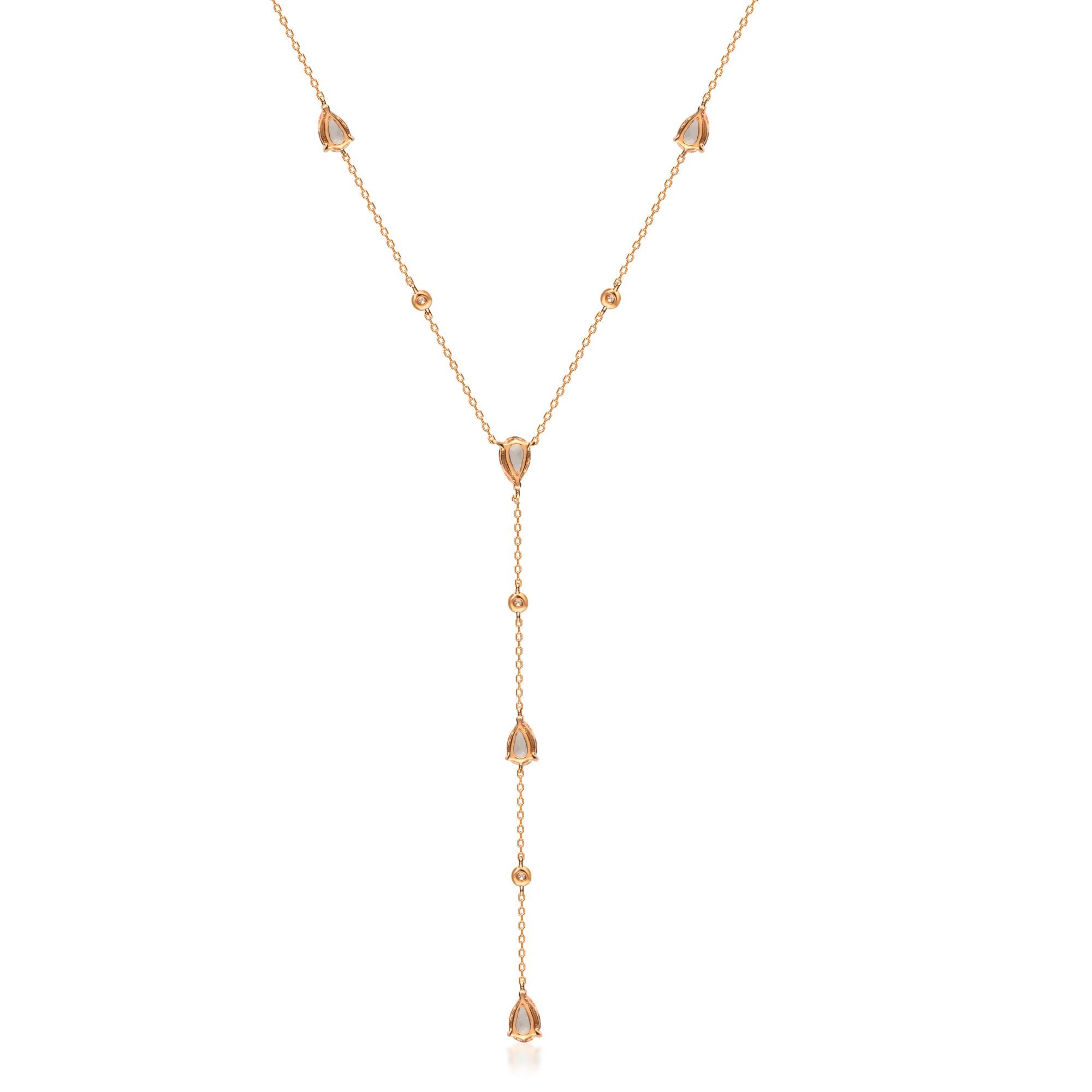 Art Deco Classic Pear-Cut Morganite Accented with White Diamond 14k Rose Gold Necklace For Sale
