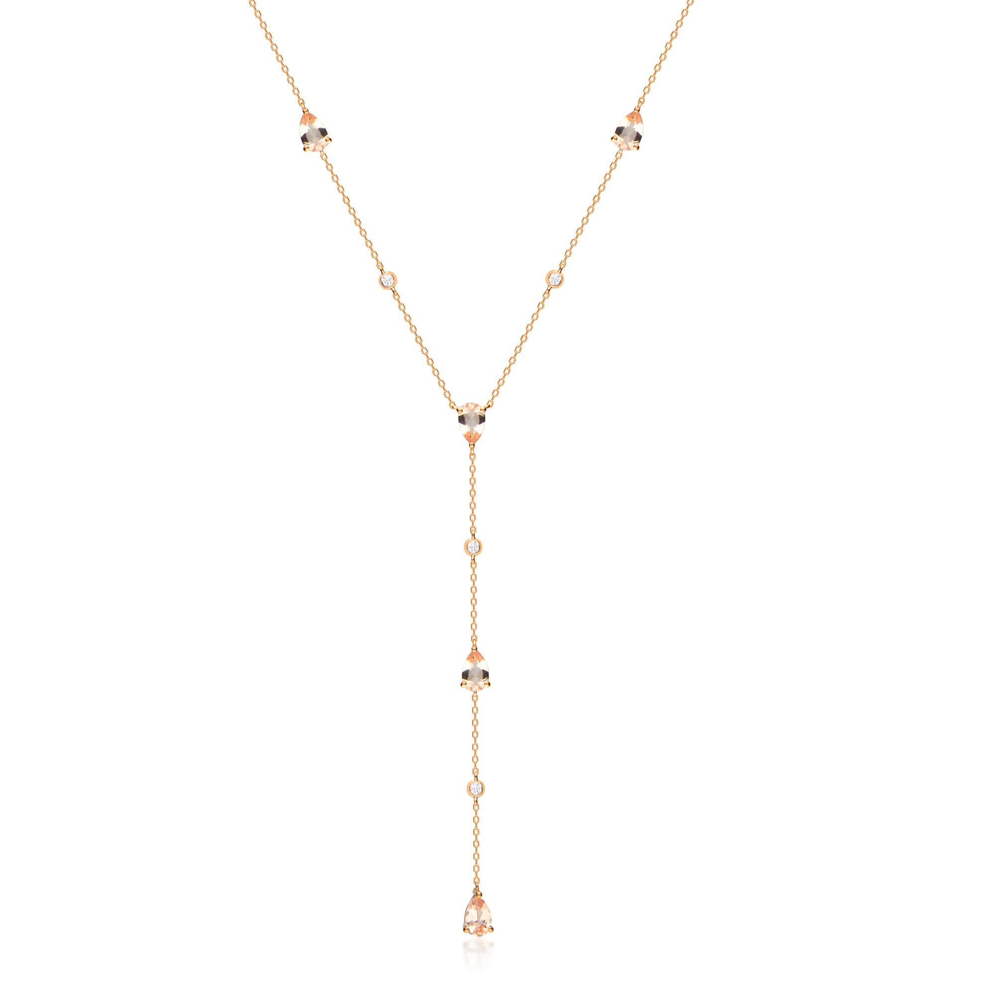 Pear Cut Classic Pear-Cut Morganite Accented with White Diamond 14k Rose Gold Necklace For Sale