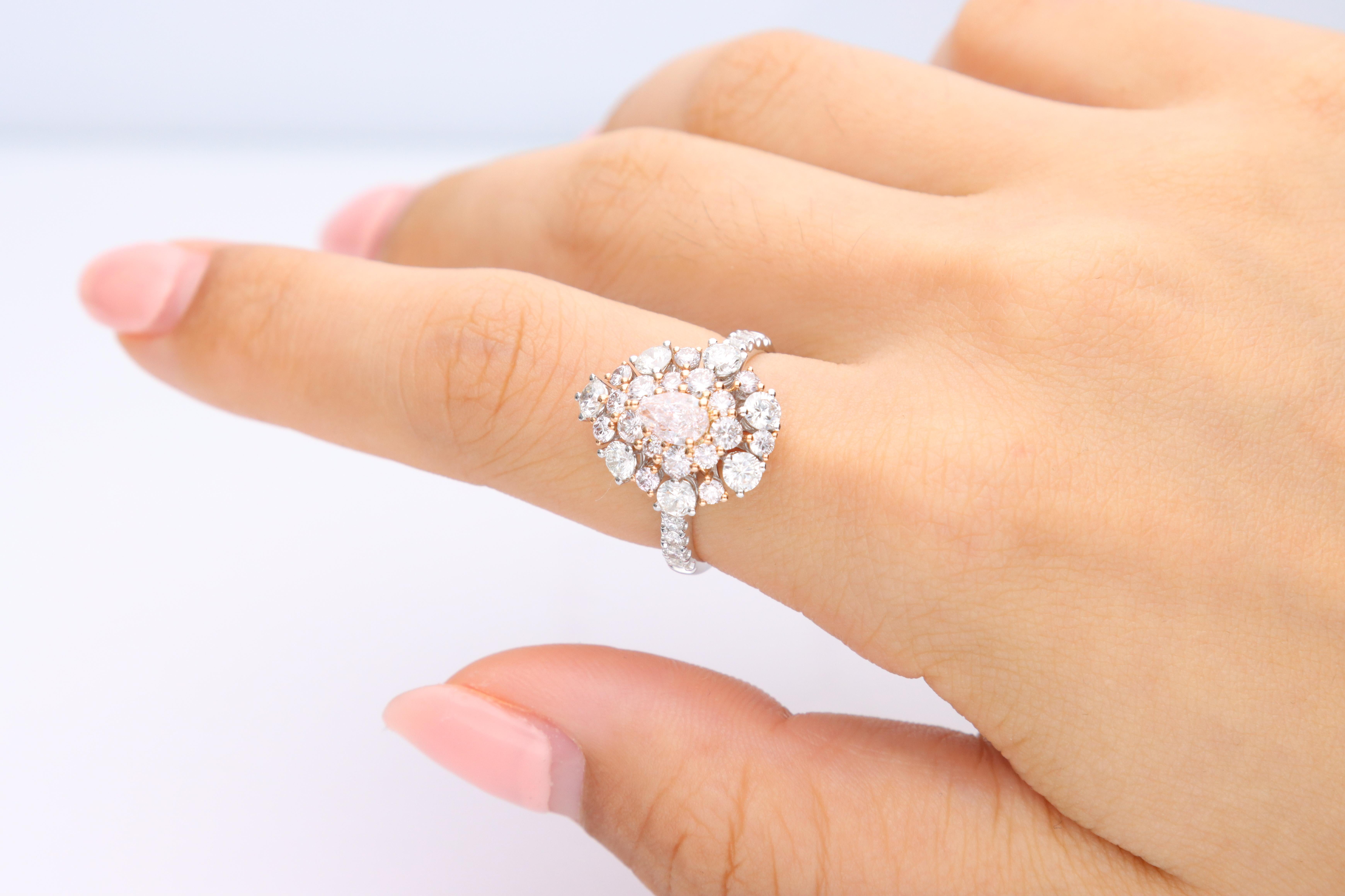 Stunning, timeless and classy eternity Unique Ring. Decorate yourself in luxury with this Gin & Grace Ring. The 18K Two Tone Gold jewelry boasts with Pear-cut 1 pcs  0.50 carat, Round-cut 17 pcs 0.79 carat Pink Diamond and Natural Round-cut white