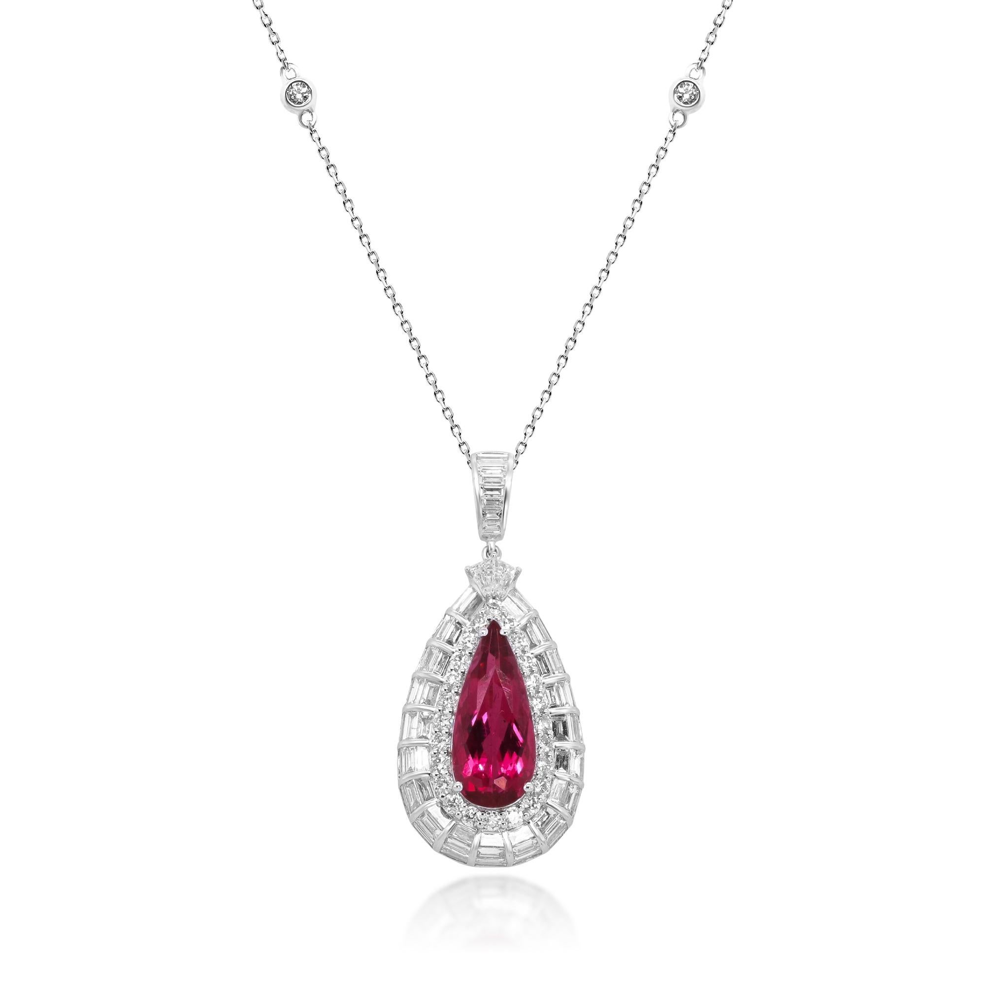 Stunning, timeless and classy eternity Unique Pendant. Decorate yourself in luxury with this Gin & Grace Pendant. The 18K White Gold jewelry boasts with Pear-cut (1 Pcs) 4.70 carat Rubelight and Natural  Baguette-cut (63 Pcs) 1.89 carat, Round-cut