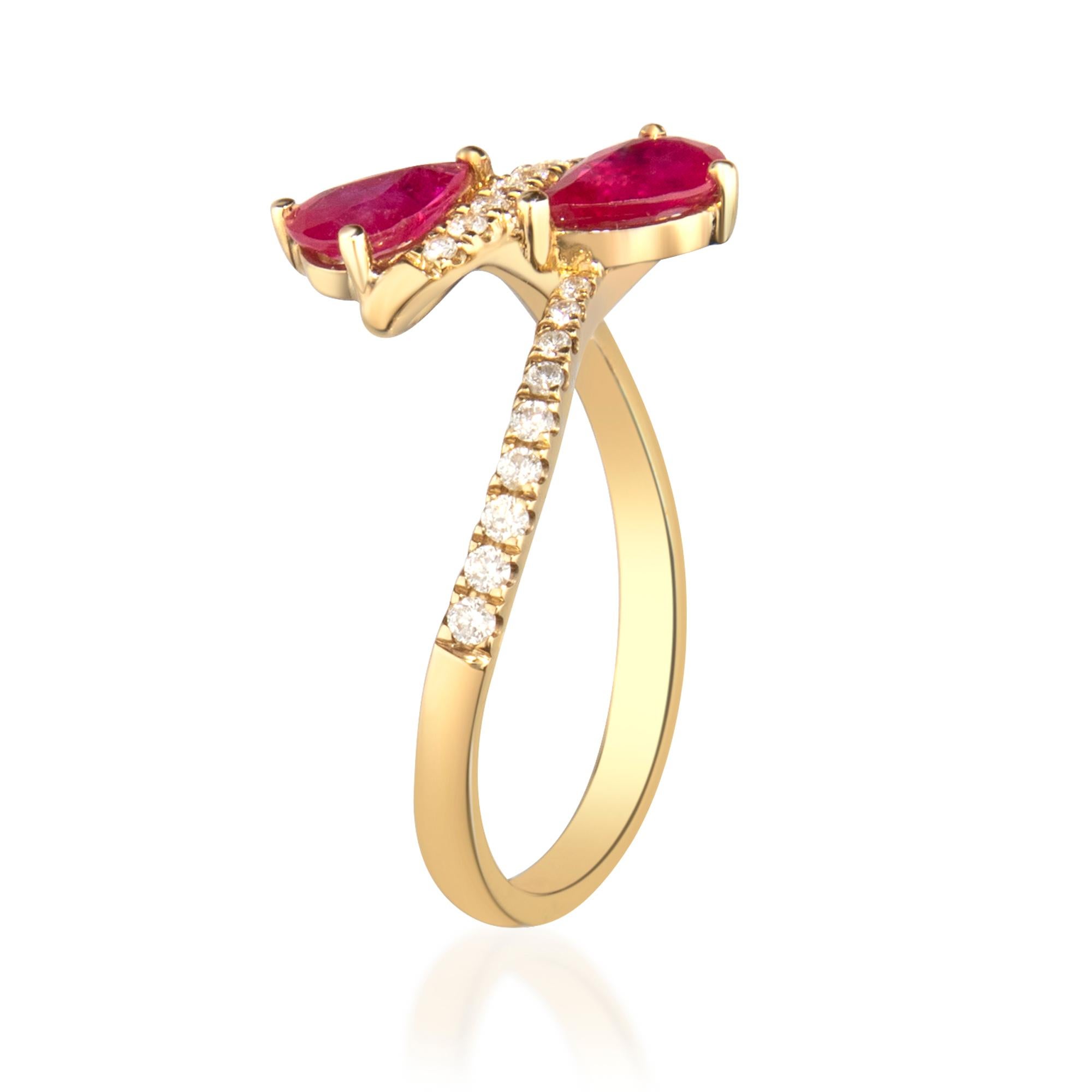 Pear Cut Classic Pear-Cut Ruby with Round-Cut Diamond 10k Yellow Gold Ring For Sale