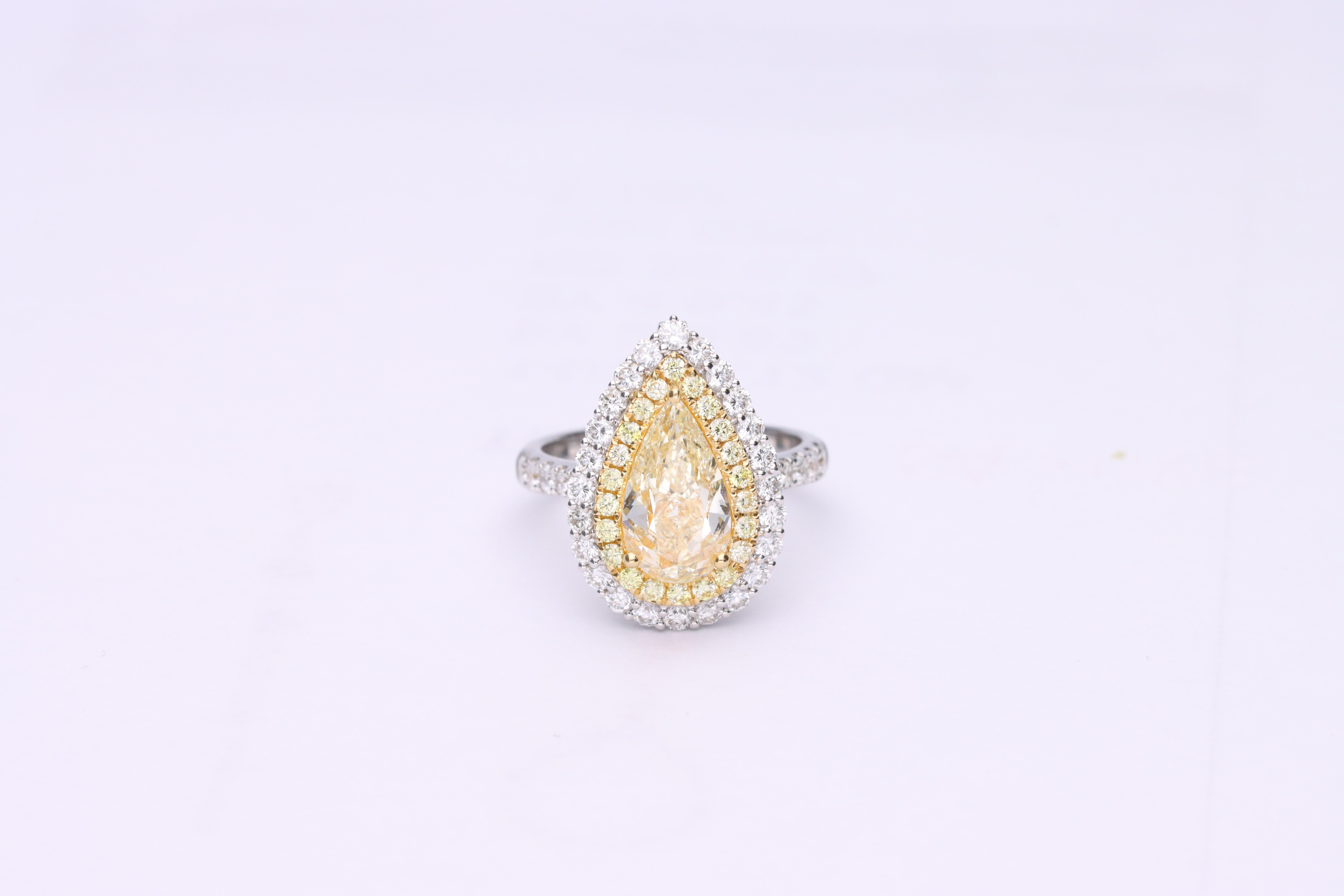 Art Deco Classic Pear-Cut Yellow Diamond with Round-Cut White Diamond 18k TT Gold Ring For Sale