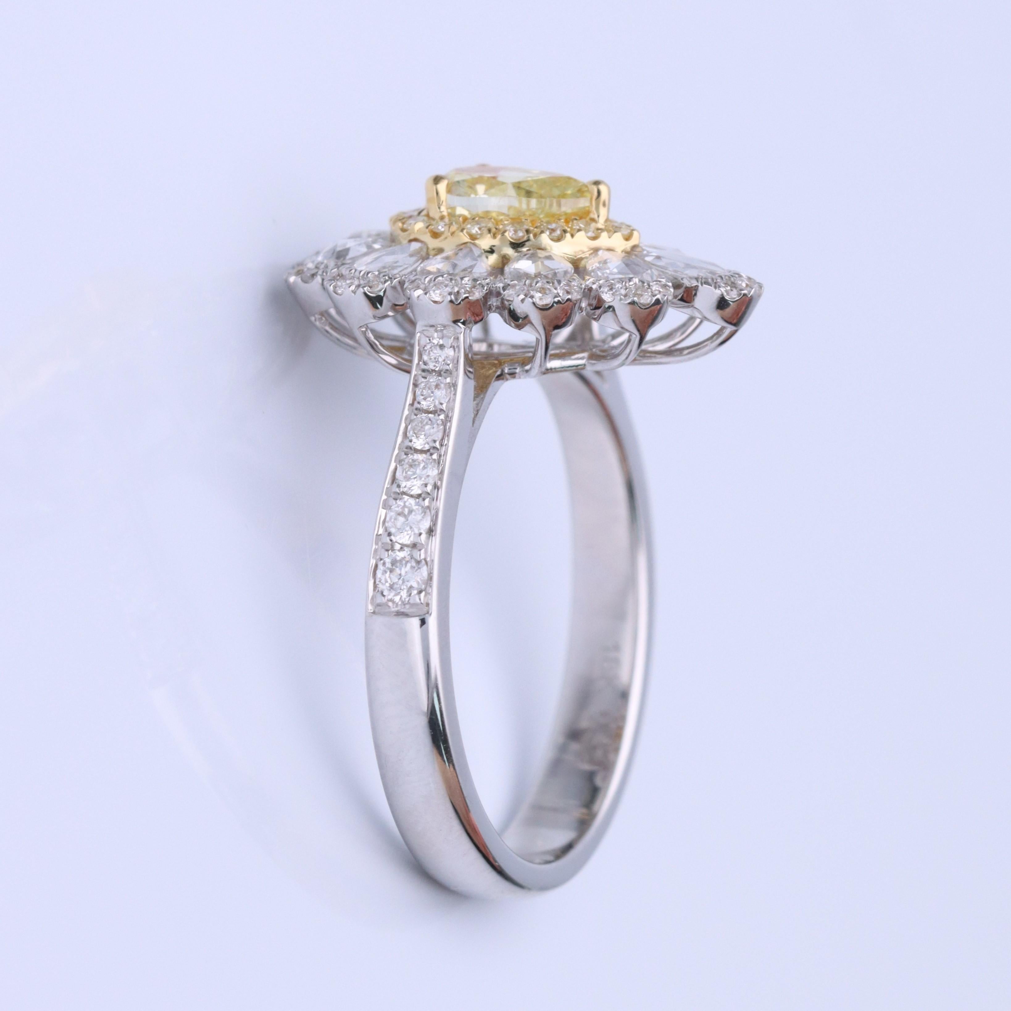 Stunning, timeless and classy eternity Unique Ring. Decorate yourself in luxury with this Gin & Grace Ring. The 18K Two Tone Gold jewelry boasts with Pear-cut 1 pcs  0.56 carat, Round-cut 16 pcs 0.10 carat Yellow Diamond and Natural Round-cut white