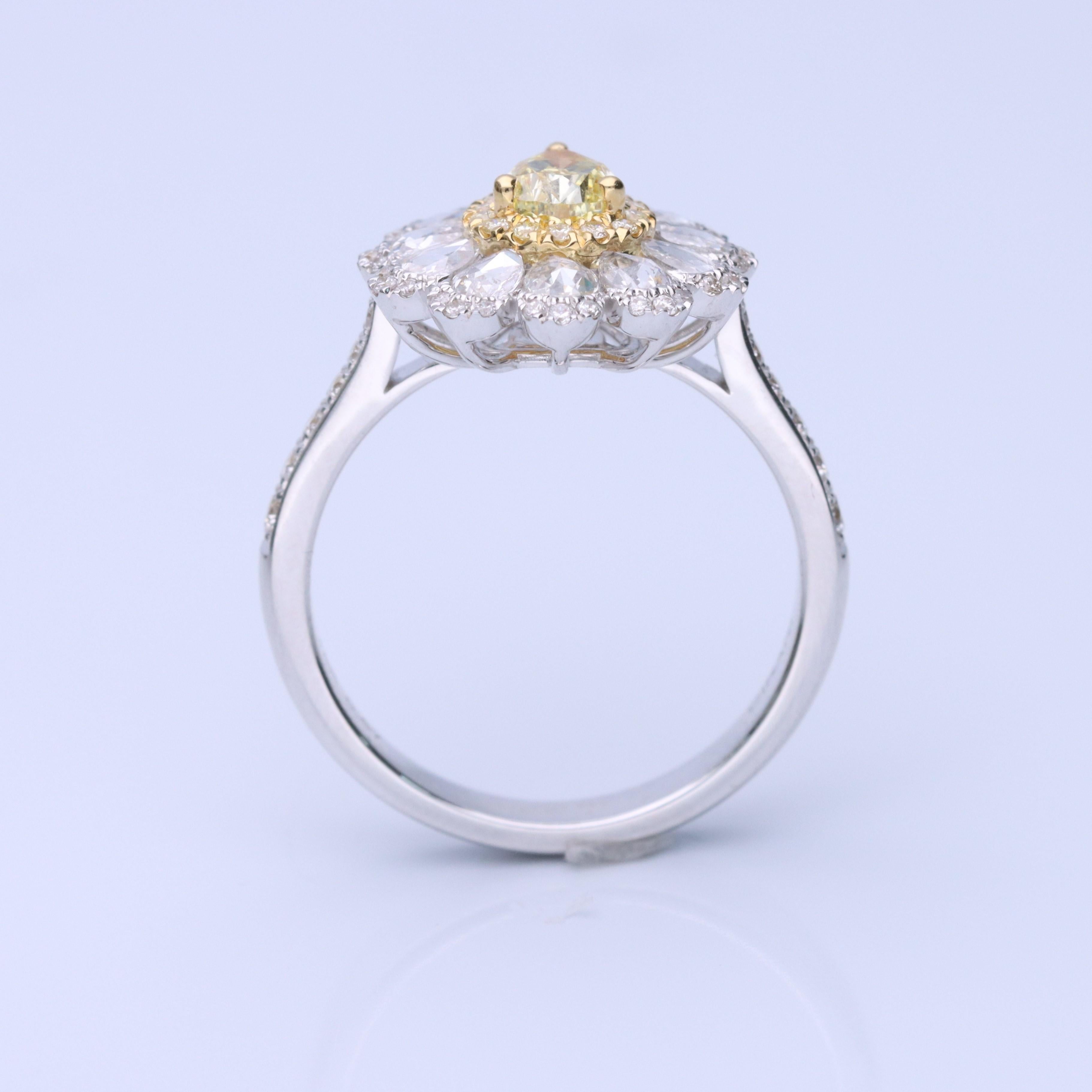 Art Deco Classic Pear-Cut Yellow Diamond with Round-Cut White Diamond 18k TT Gold Ring