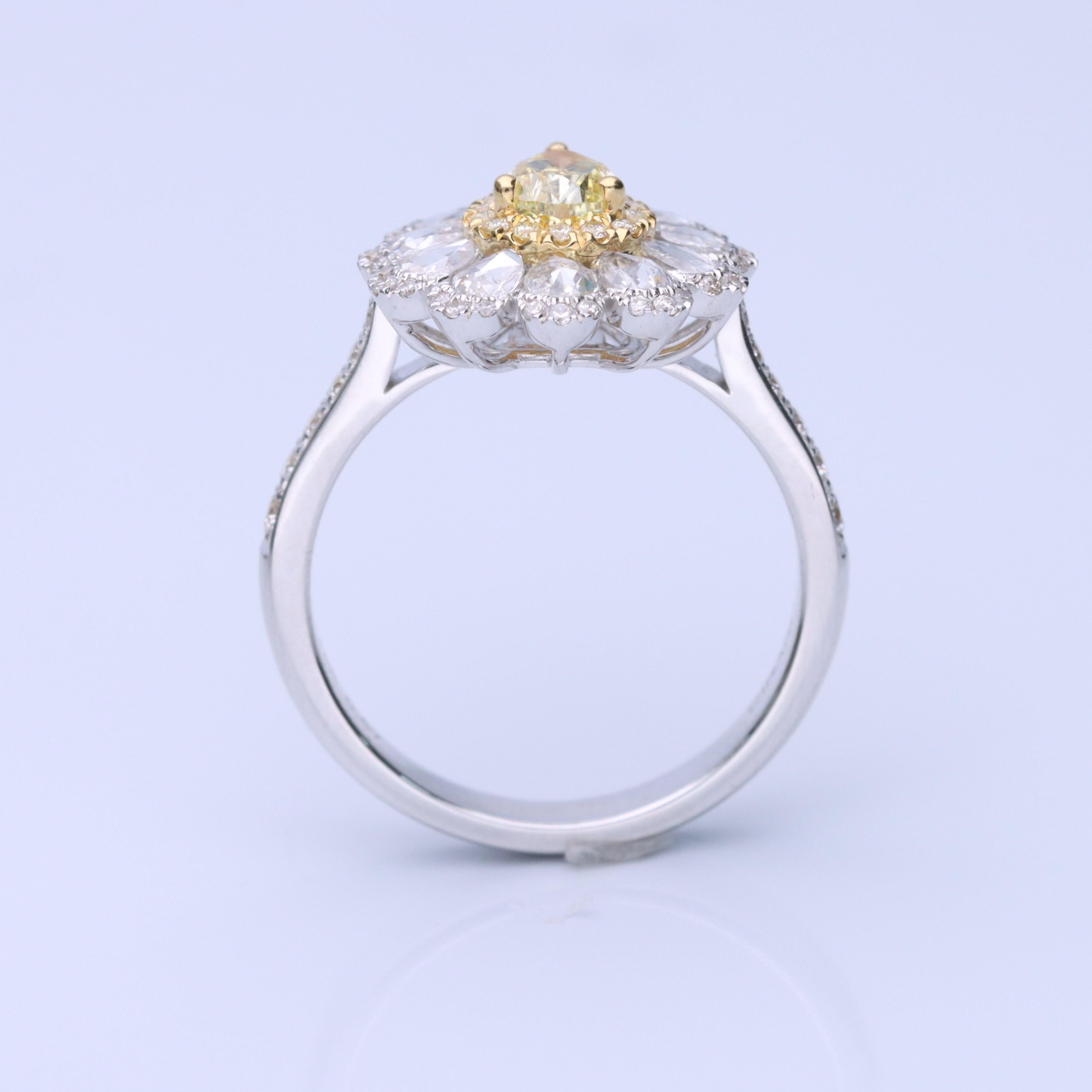 Art Deco Classic Pear-Cut Yellow Diamond with Round-Cut White Diamond 18k TT Gold Ring For Sale